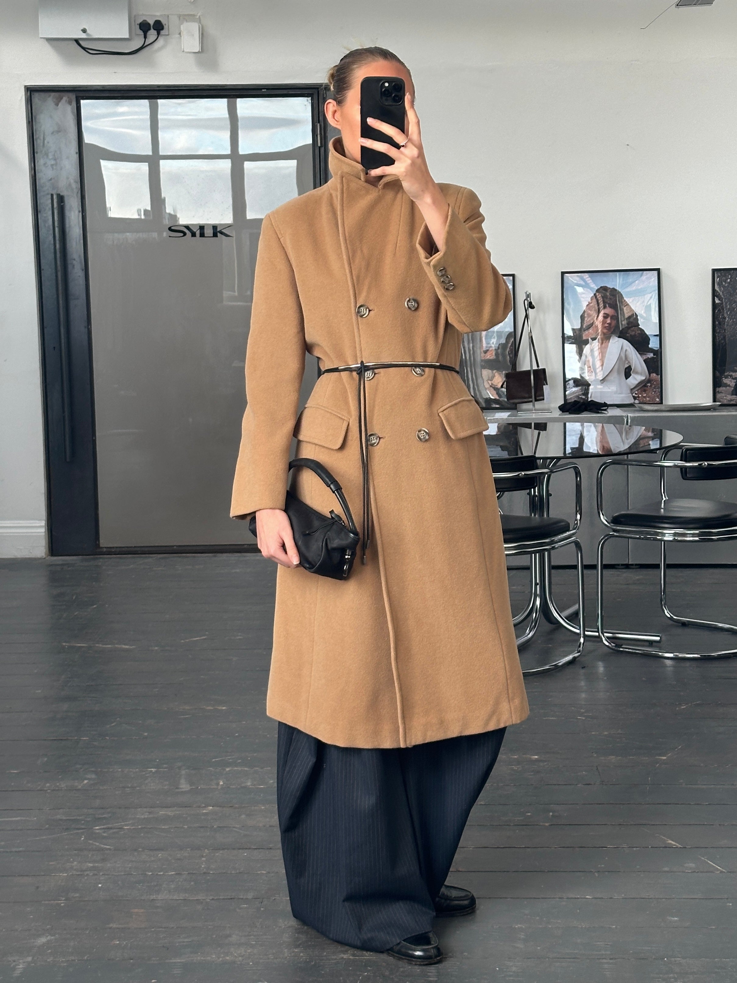 Marella 1990s Virgin Wool double-breasted coat in size M, featuring classic design and tailored fit, displayed on a hanger.