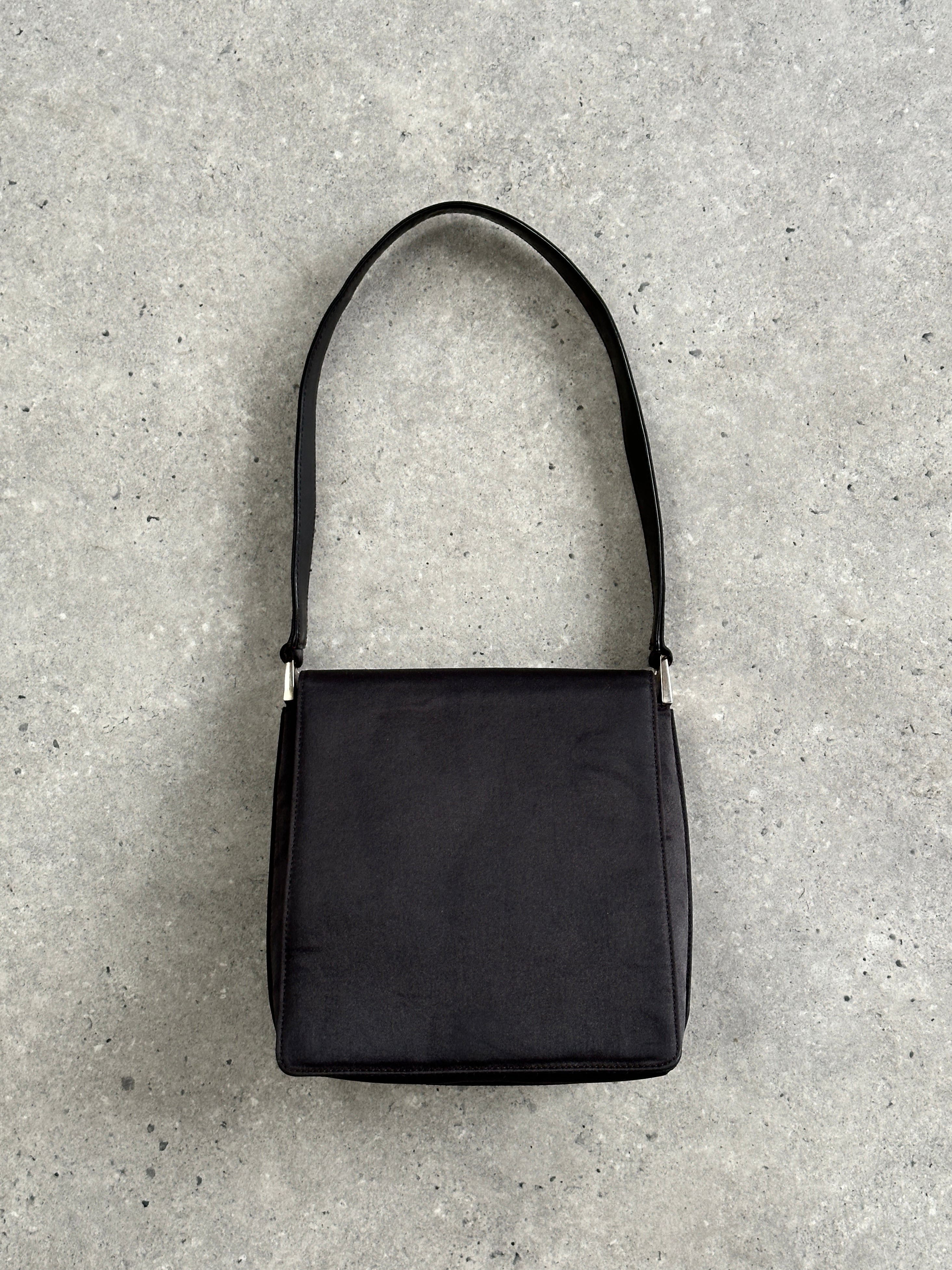 Gucci 2000s satin flap square shoulder bag with gold-tone hardware and adjustable strap, stylish and elegant accessory.