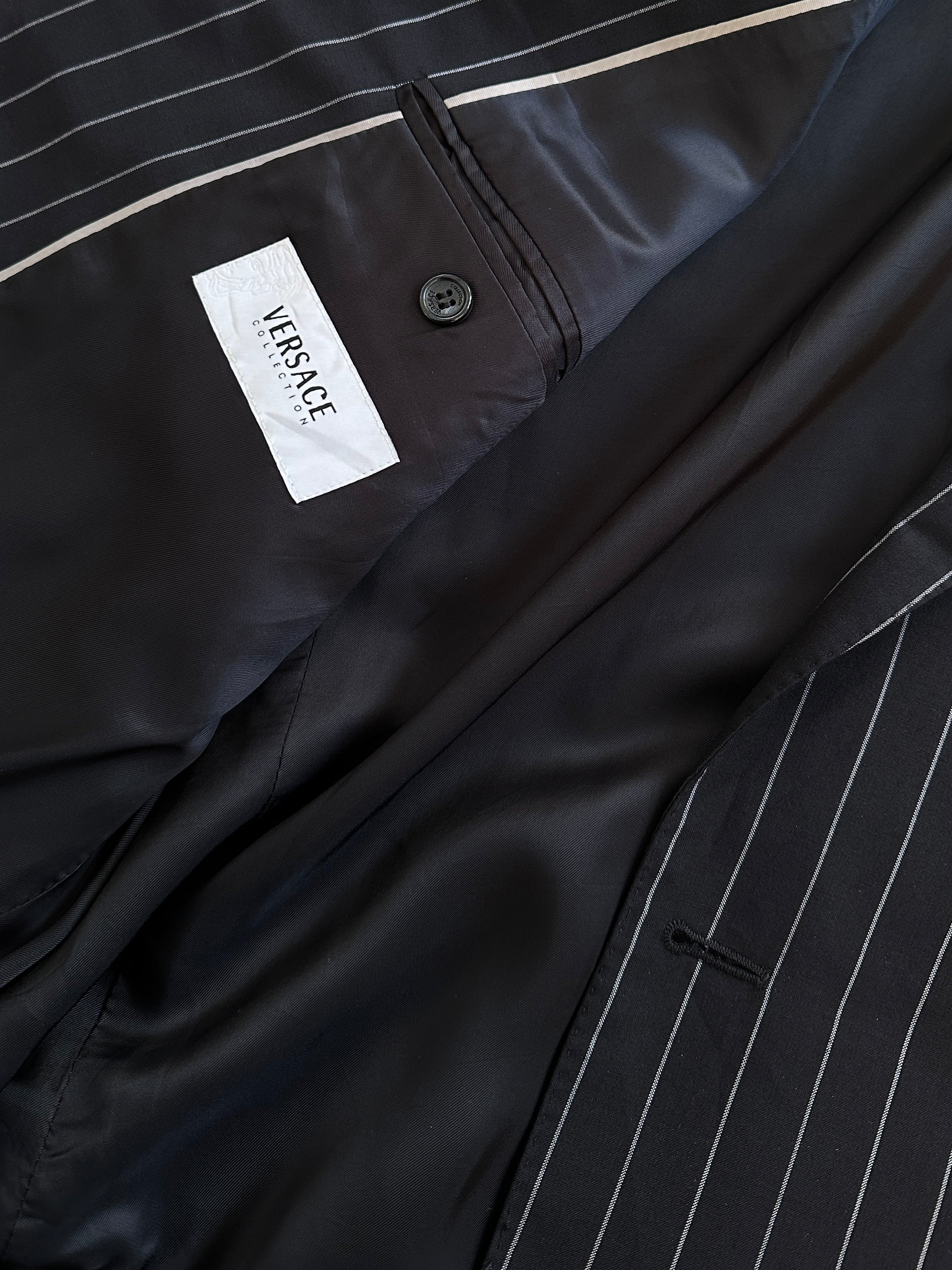 Versace Collection stripe pure wool single-breasted blazer in size 44R/XL, featuring classic tailored design and stylish pattern.