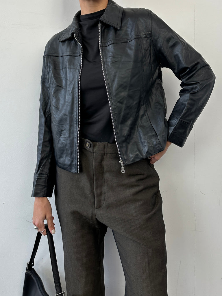 Vintage Minimal Zip Up Leather Jacket - S - SYLK