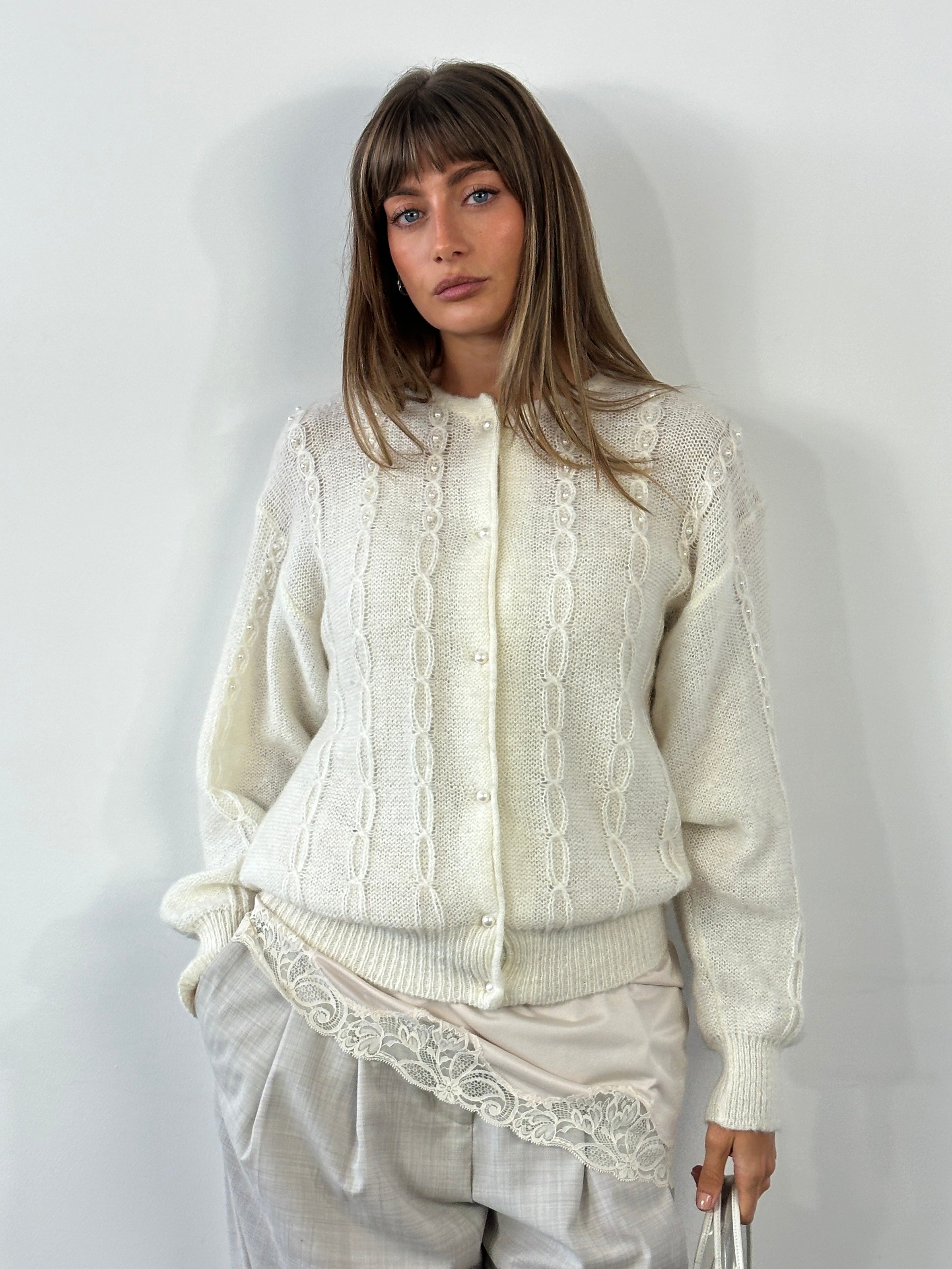Vintage Italian 1980s mohair knitted cardigan in size M, featuring a cozy, textured knit pattern and classic design.