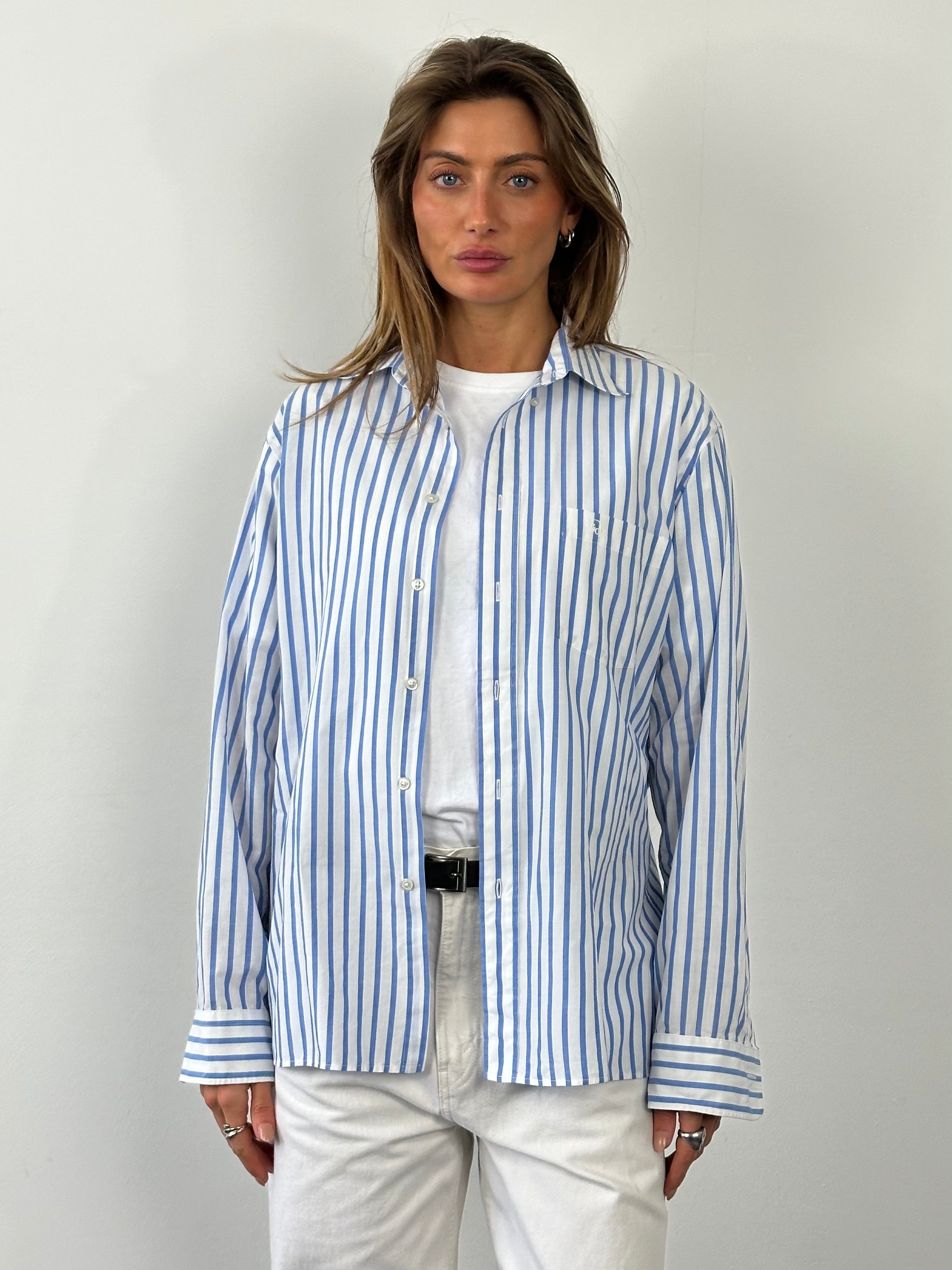 Christian Dior 1980s cotton striped logo shirt in size large, featuring classic Christian Dior branding and a stylish striped design.