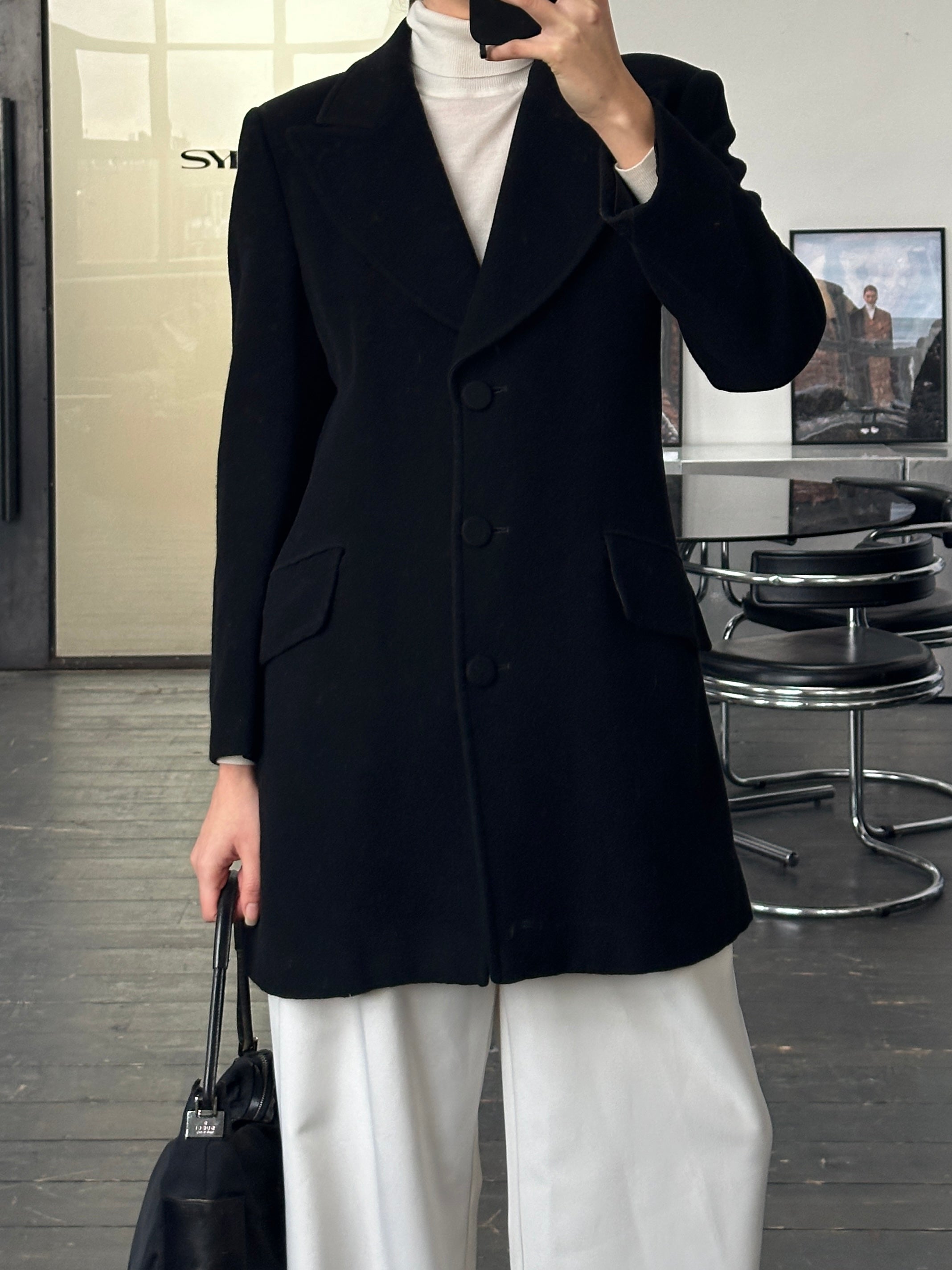 Emporio Armani 1990s wool camel coat in size S/M, stylish and warm outerwear with classic tailored design.