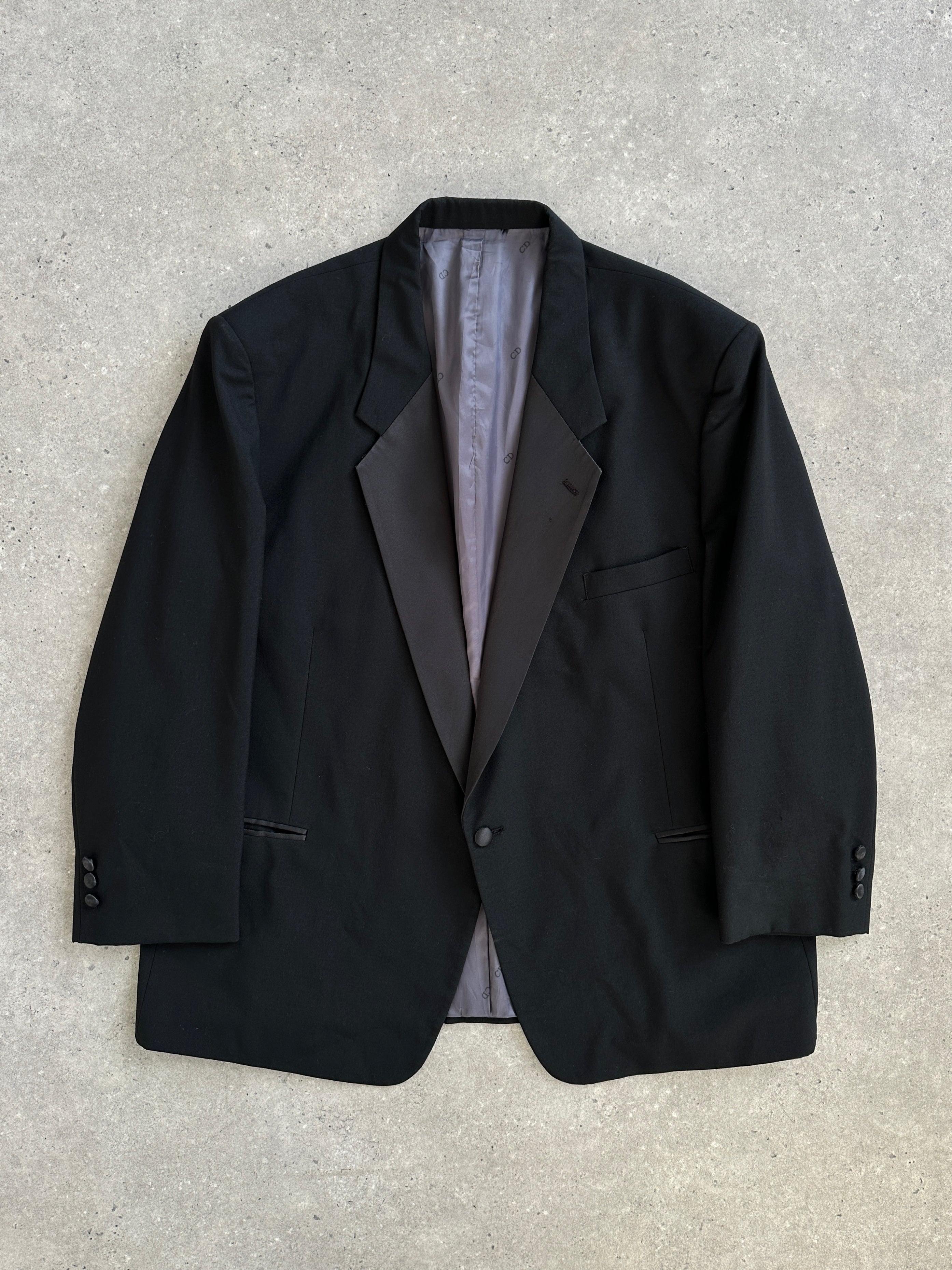 Christian Dior Le Connaisseur 1990s tuxedo wool blazer in size 52R/XXL, tailored fit with classic lapels and structured design.