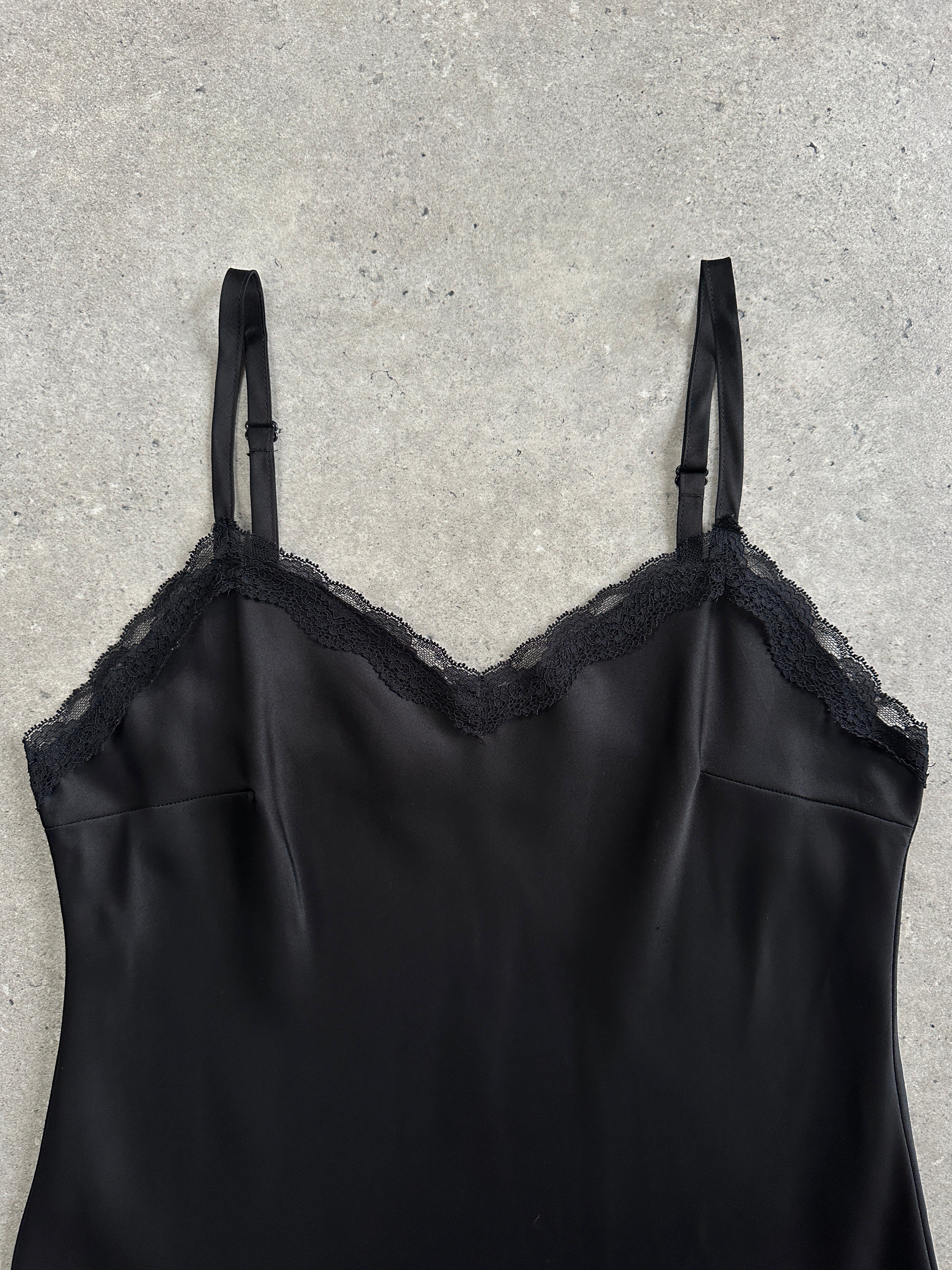 Vintage 2000s lace mini satin slip dress in size small, featuring delicate lace details and a sleek satin finish.