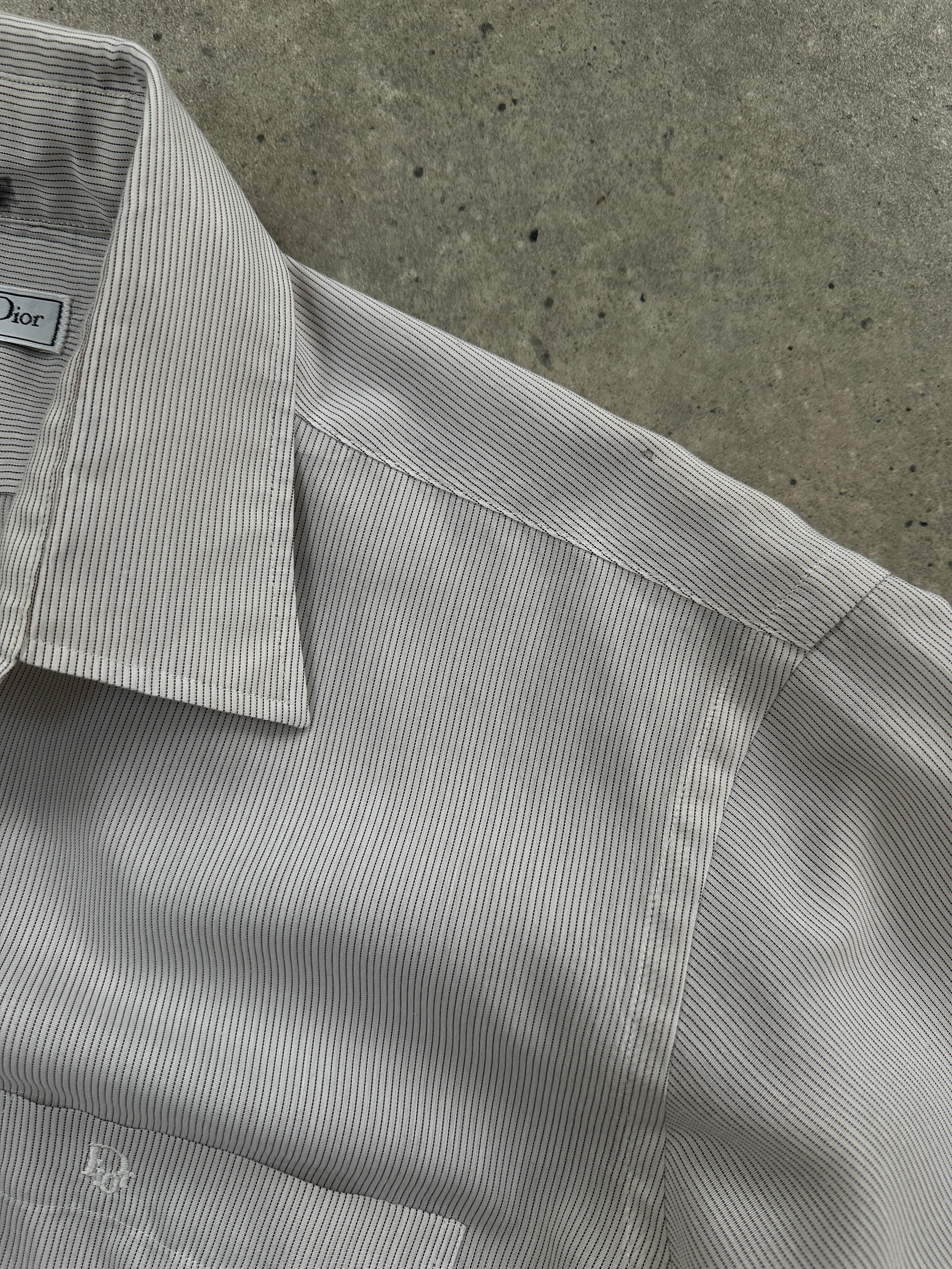 Christian Dior 1980s striped cotton logo shirt, men's size L, featuring a classic design with Dior branding and a button-up front.