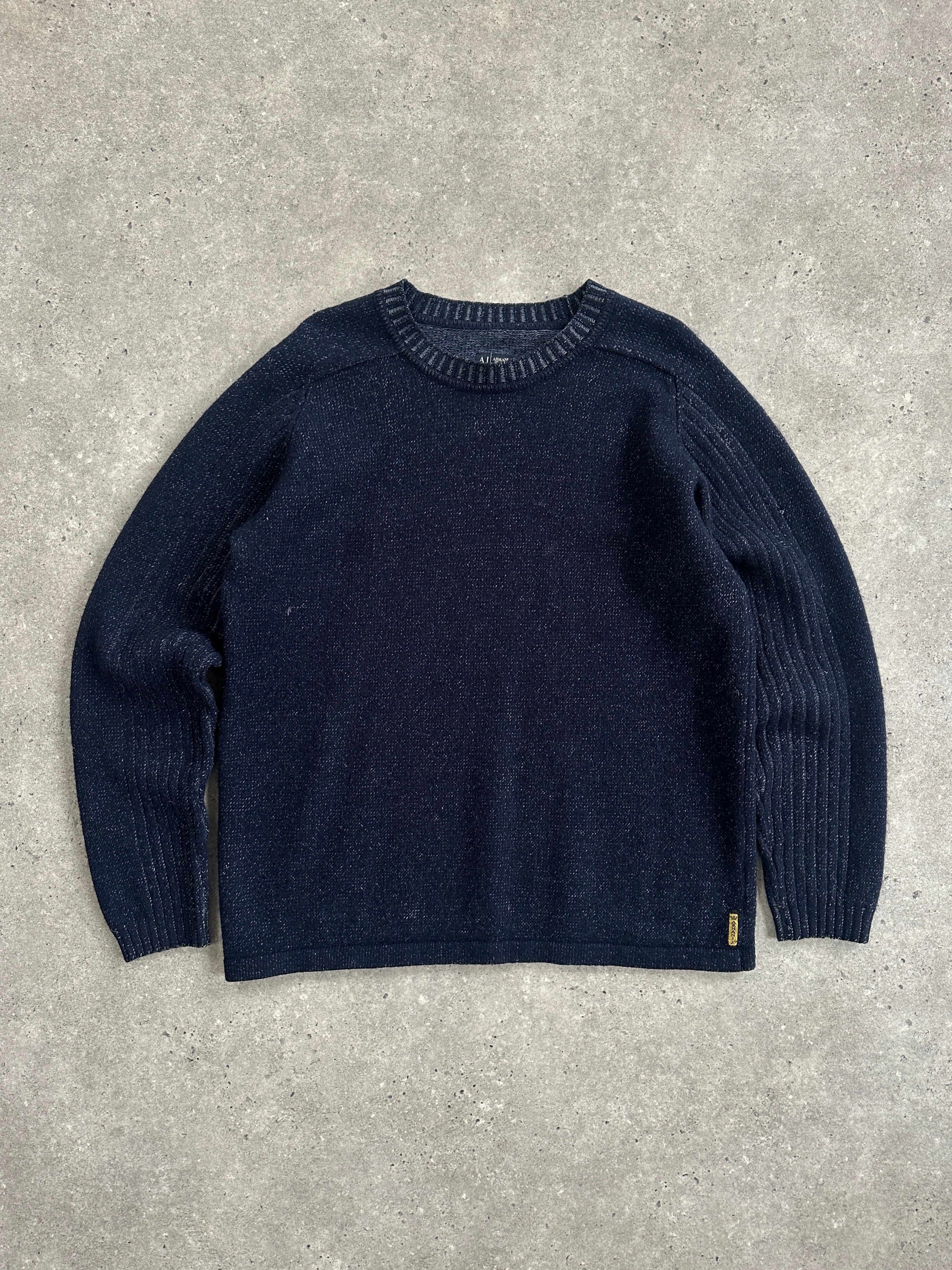 Armani Jeans 2000s wool knitted logo jumper in size M, featuring a cozy wool fabric and the distinctive Armani logo on the front.