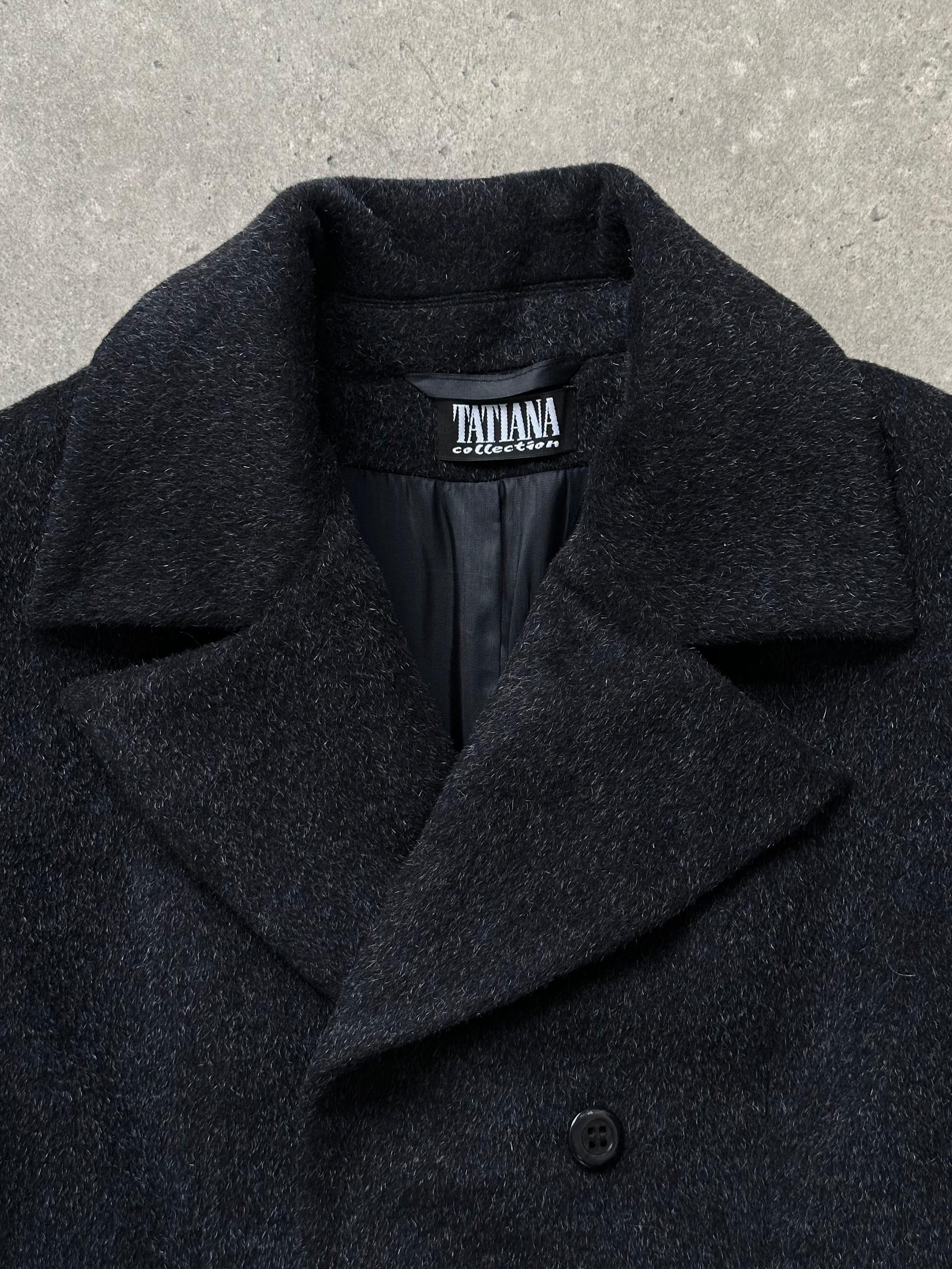Vintage 1990s wool mohair double-breasted coat in S/M size, featuring classic design and textured fabric.