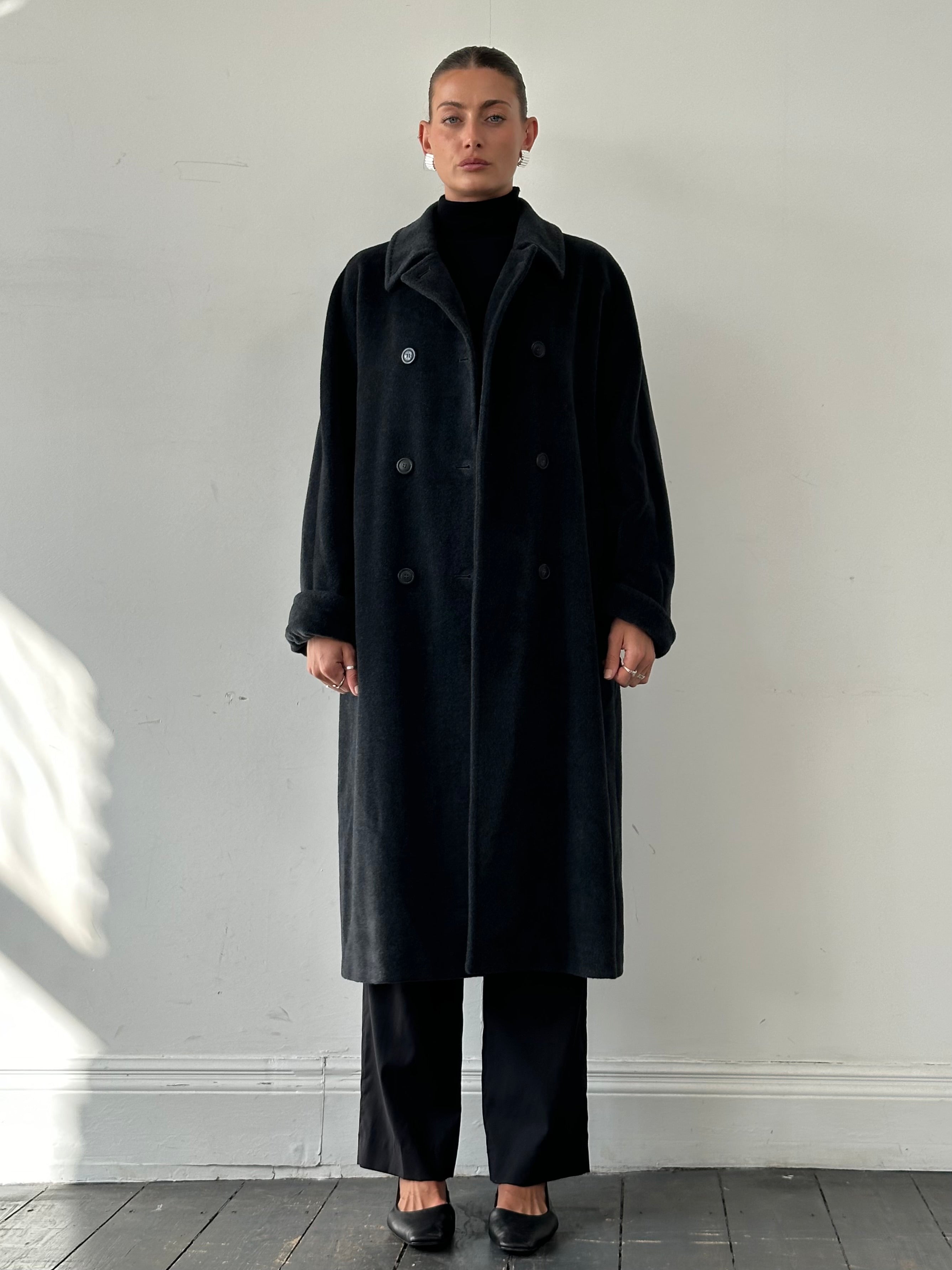 Marella wool cashmere double-breasted coat in XL, featuring a classic design with lapels and button details, displayed on a hanger.