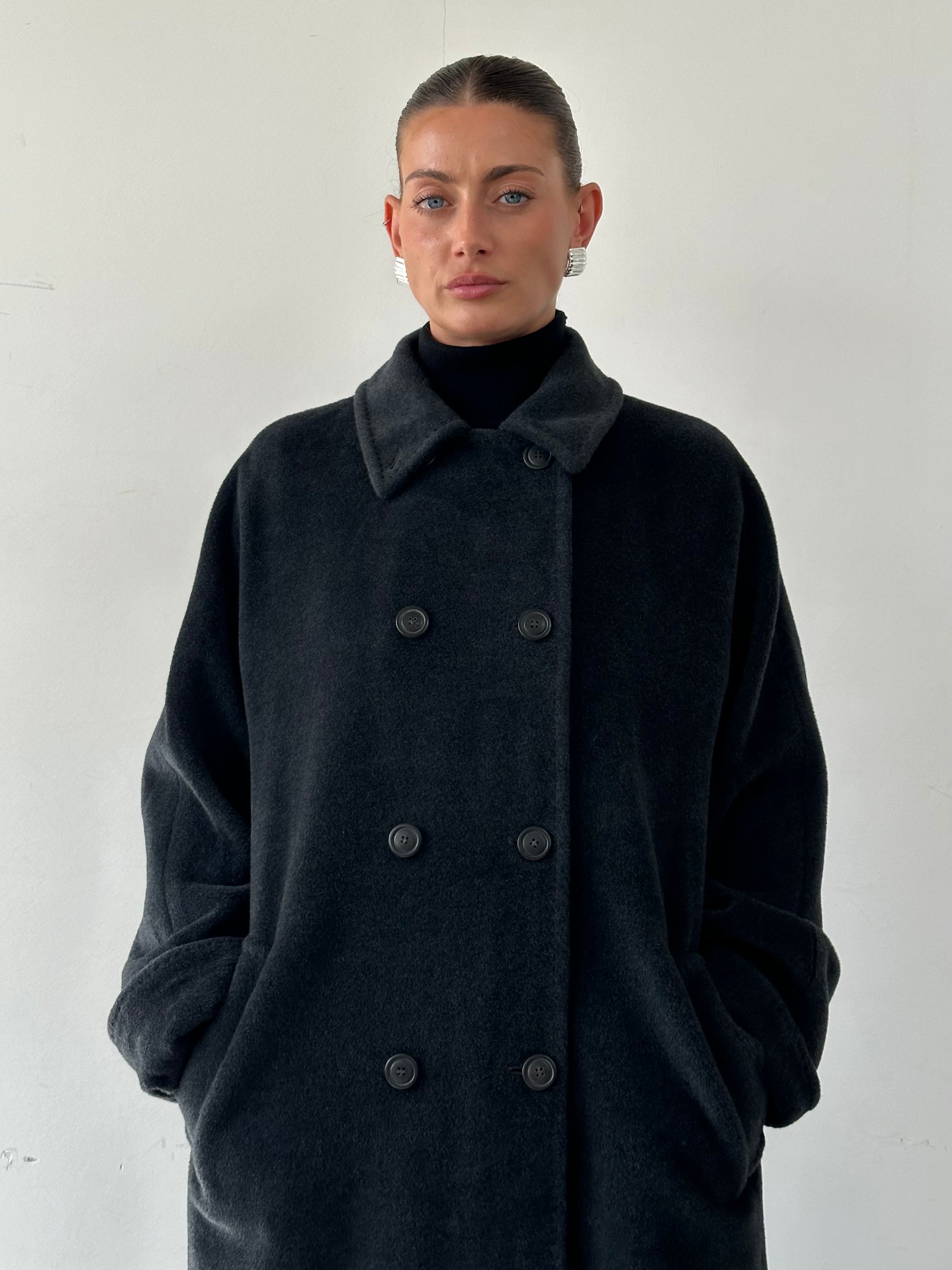 Marella wool cashmere double-breasted coat in XL, showing the beige fabric, lapels, and button details.