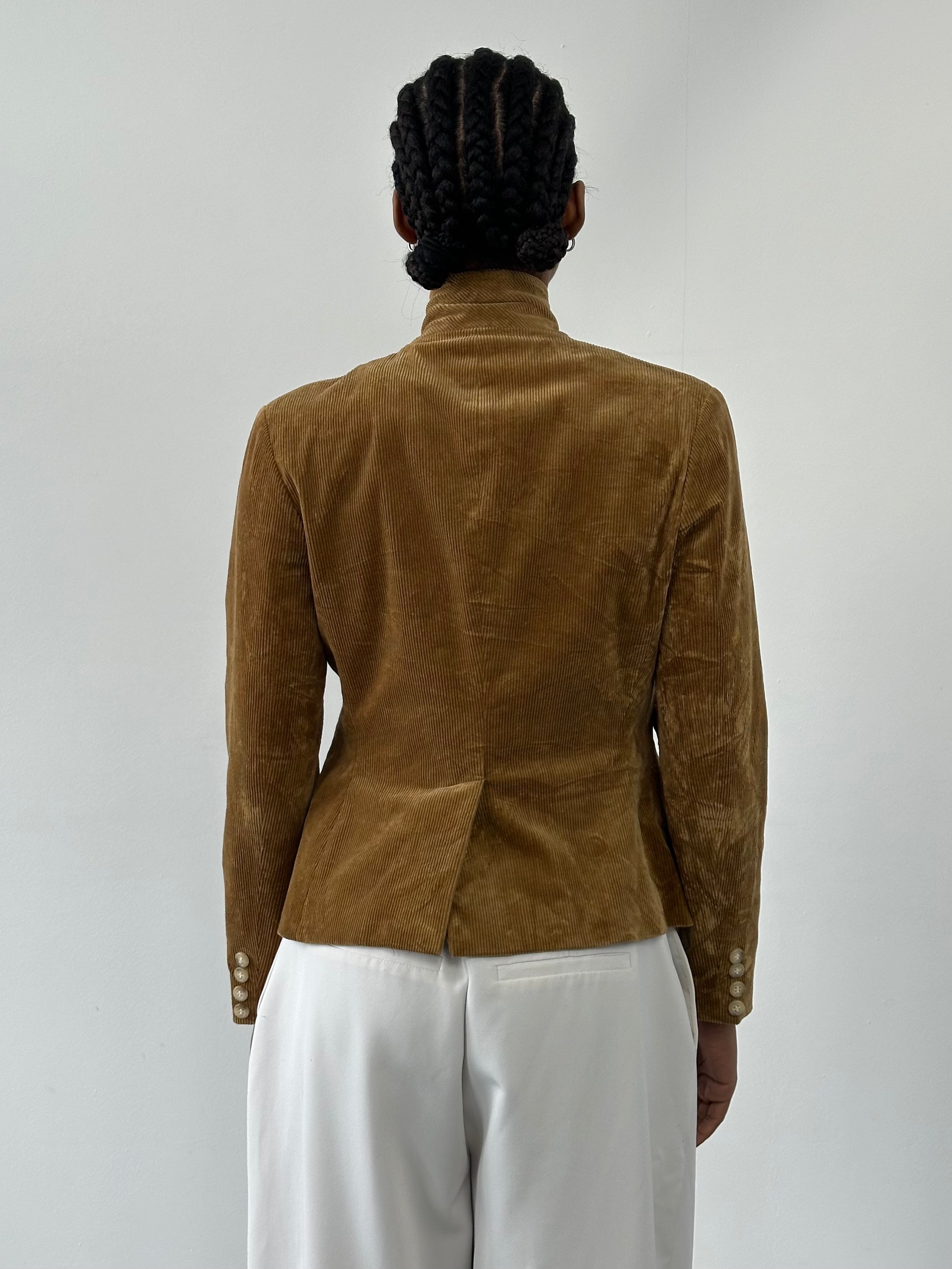 Ralph Lauren 2000s high-neck corduroy blazer in XS, dark brown with button closure and classic tailored fit.