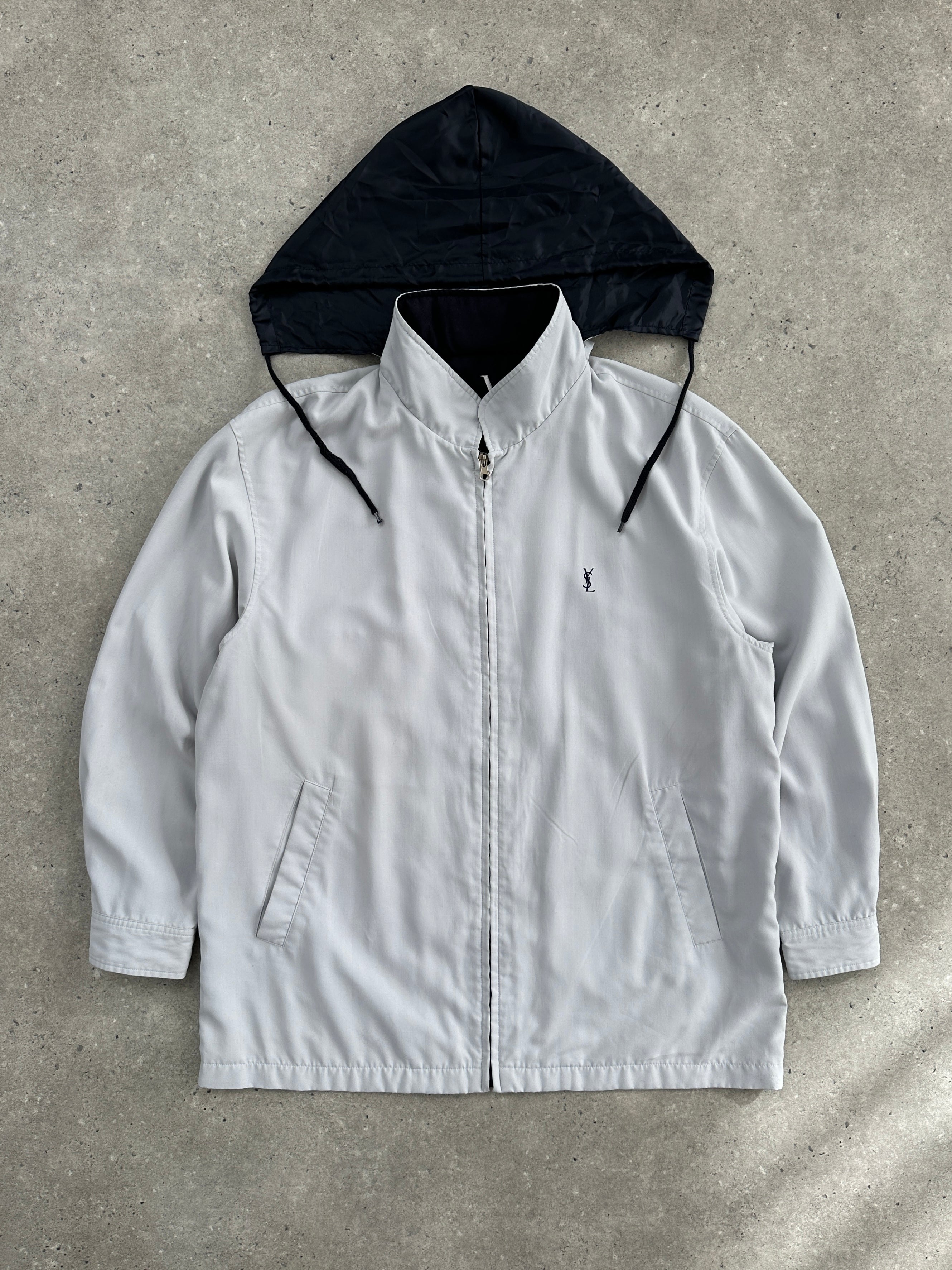 Yves Saint Laurent Pour Homme 1990s logo hooded bomber jacket in XL, black with YSL branding and front zip closure.