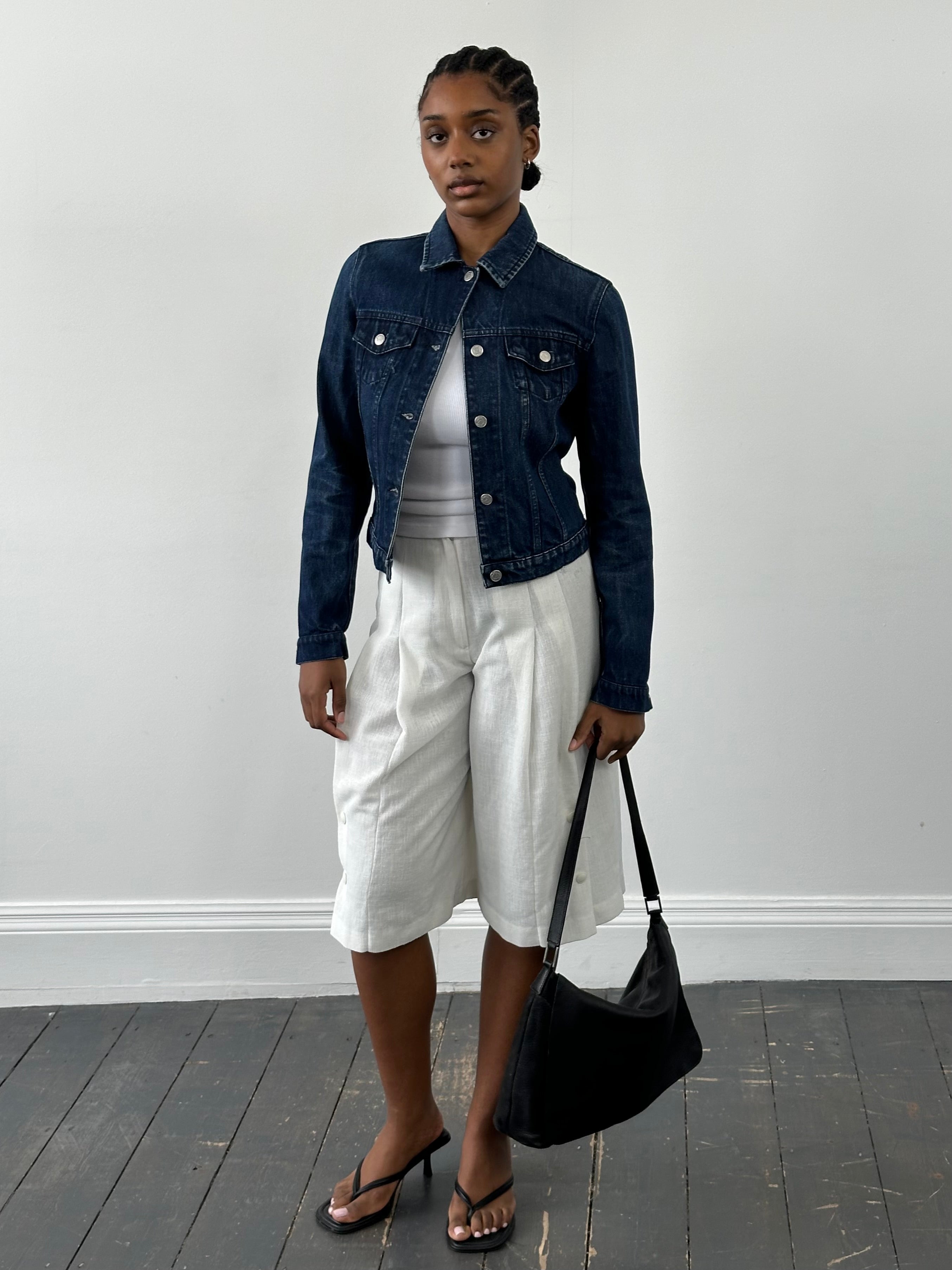 Armani Jeans 2000s mid wash denim jacket in XS/S size, featuring classic design with button front and relaxed fit.