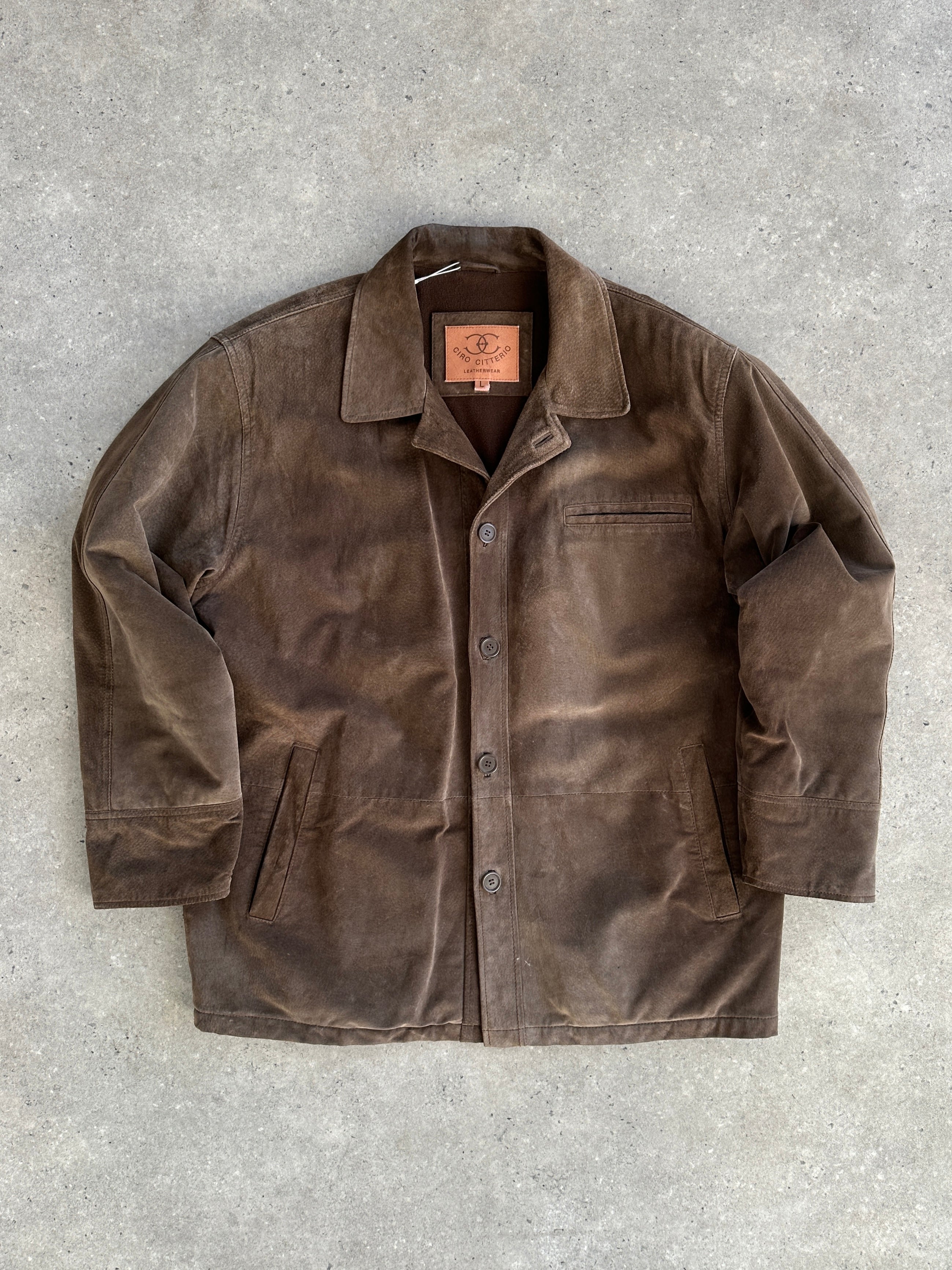 Vintage leather suede jacket in XL/XXL size featuring classic design and textured suede material.