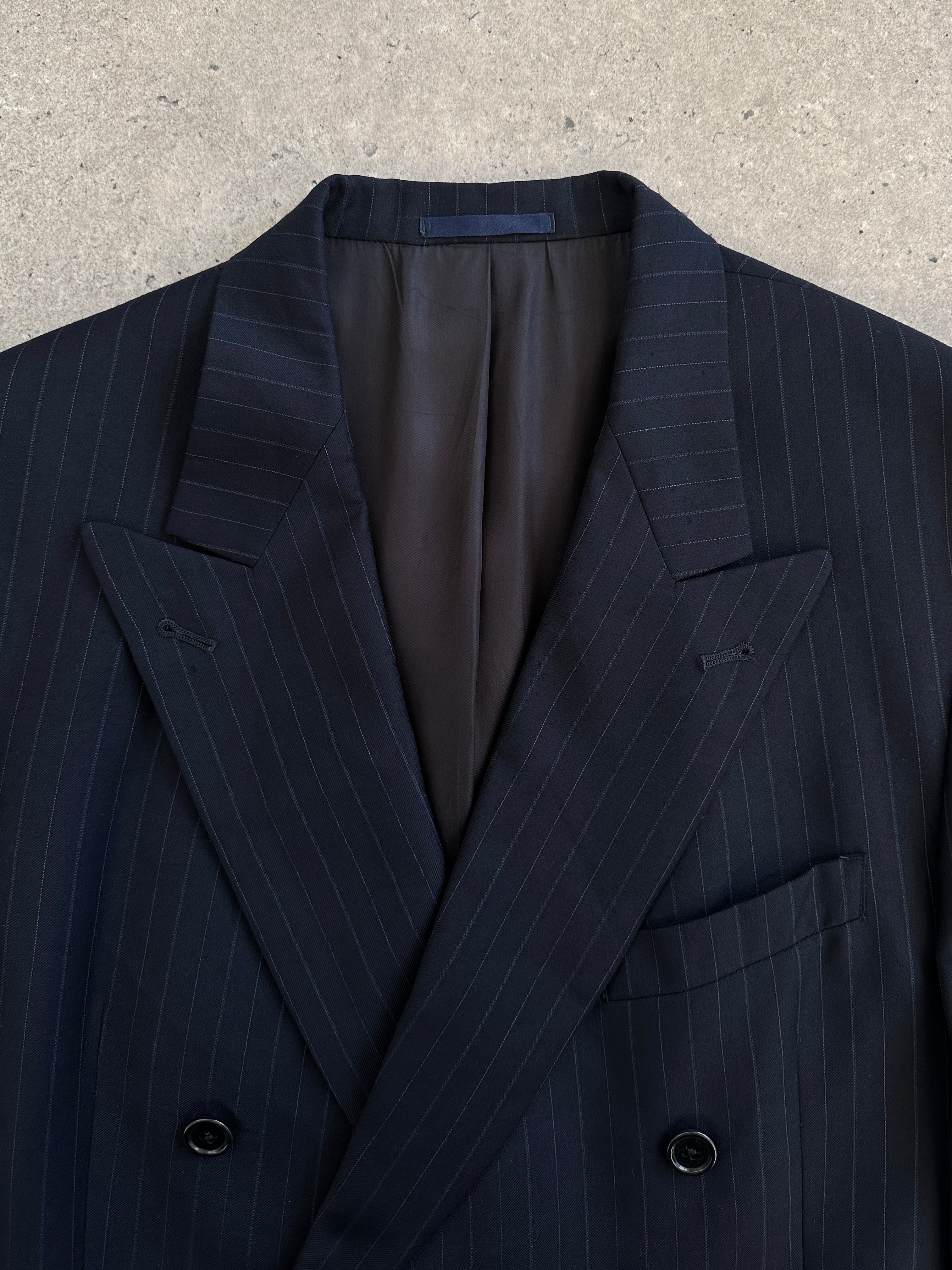 Daniel Cremieux x Loro Piana 1990s wool striped double-breasted blazer, size 42R/XL, featuring classic tailored design.