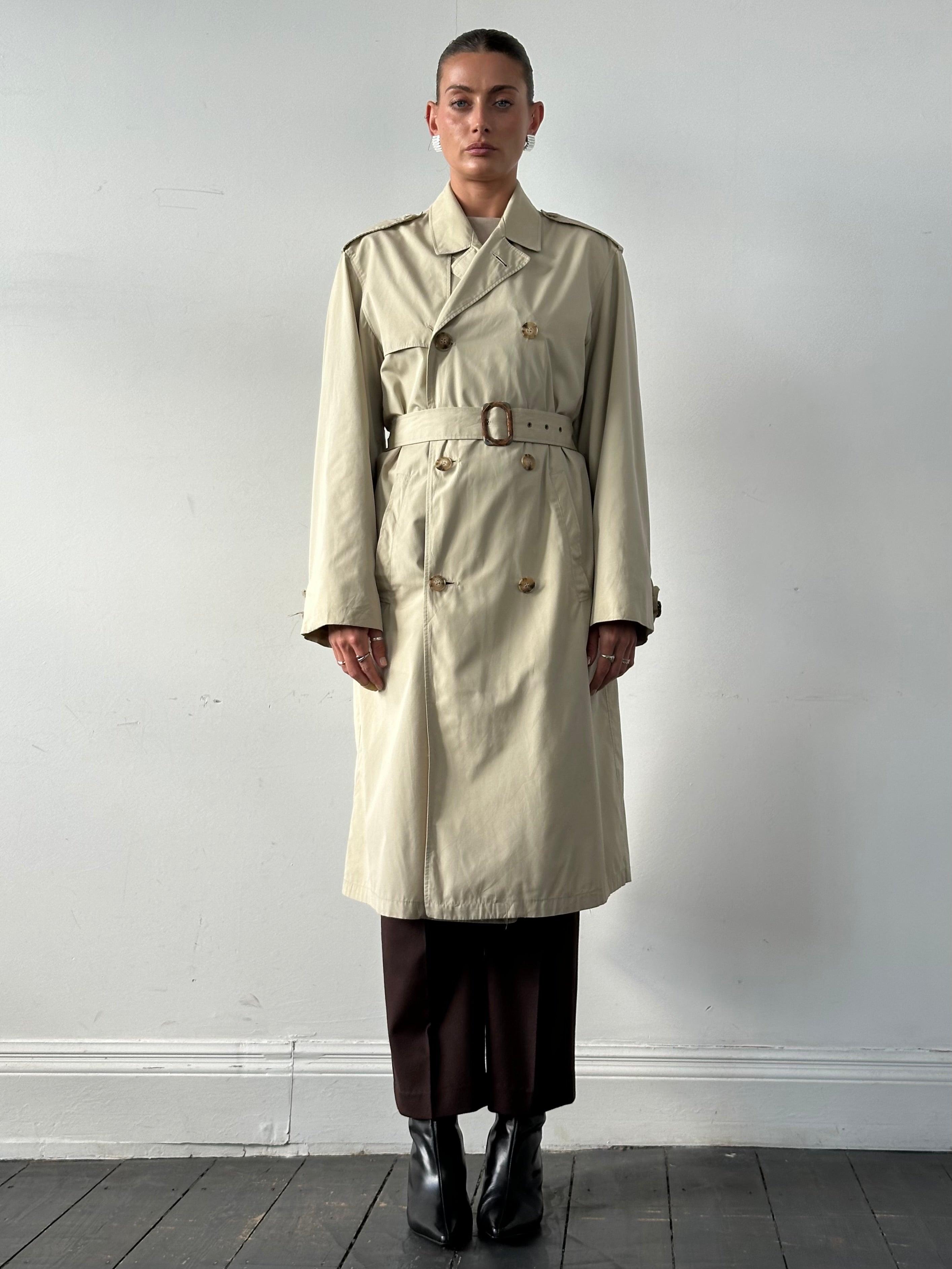 Christian Dior Paris cotton double-breasted belted trench coat in beige, size 40R/XL, featuring classic design and stylish details.