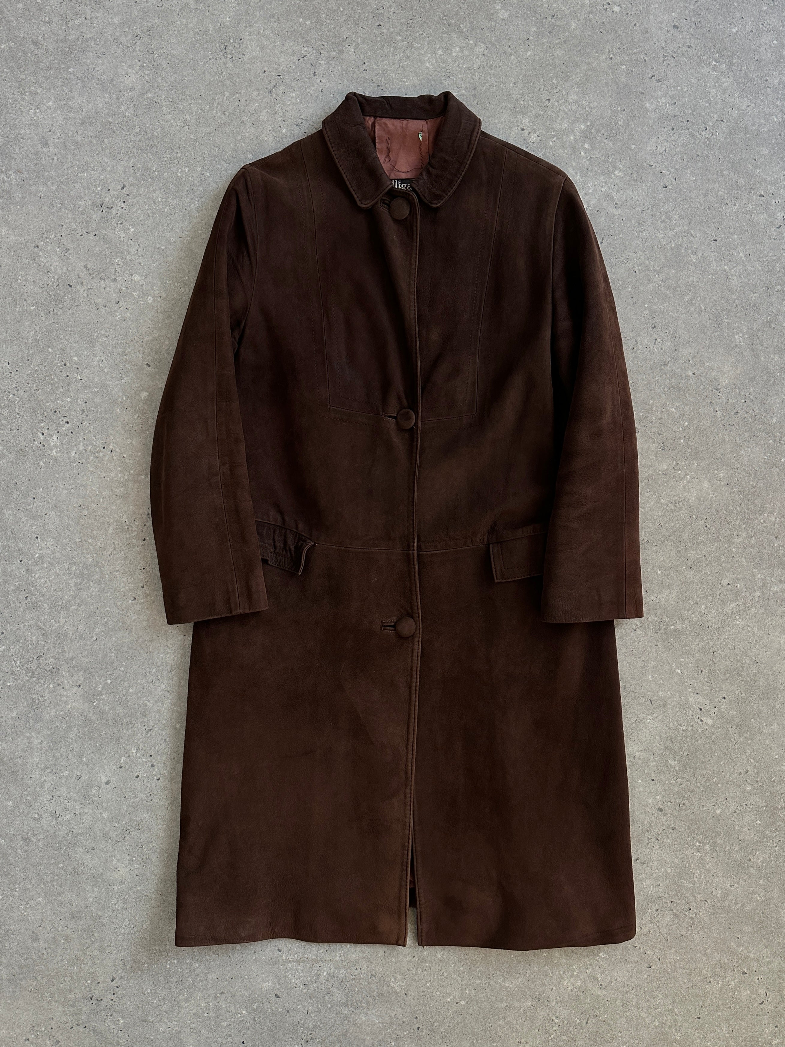 Pierre Balmain 1980s alligator suede trench coat jacket in size S/M with classic design and textured suede finish.