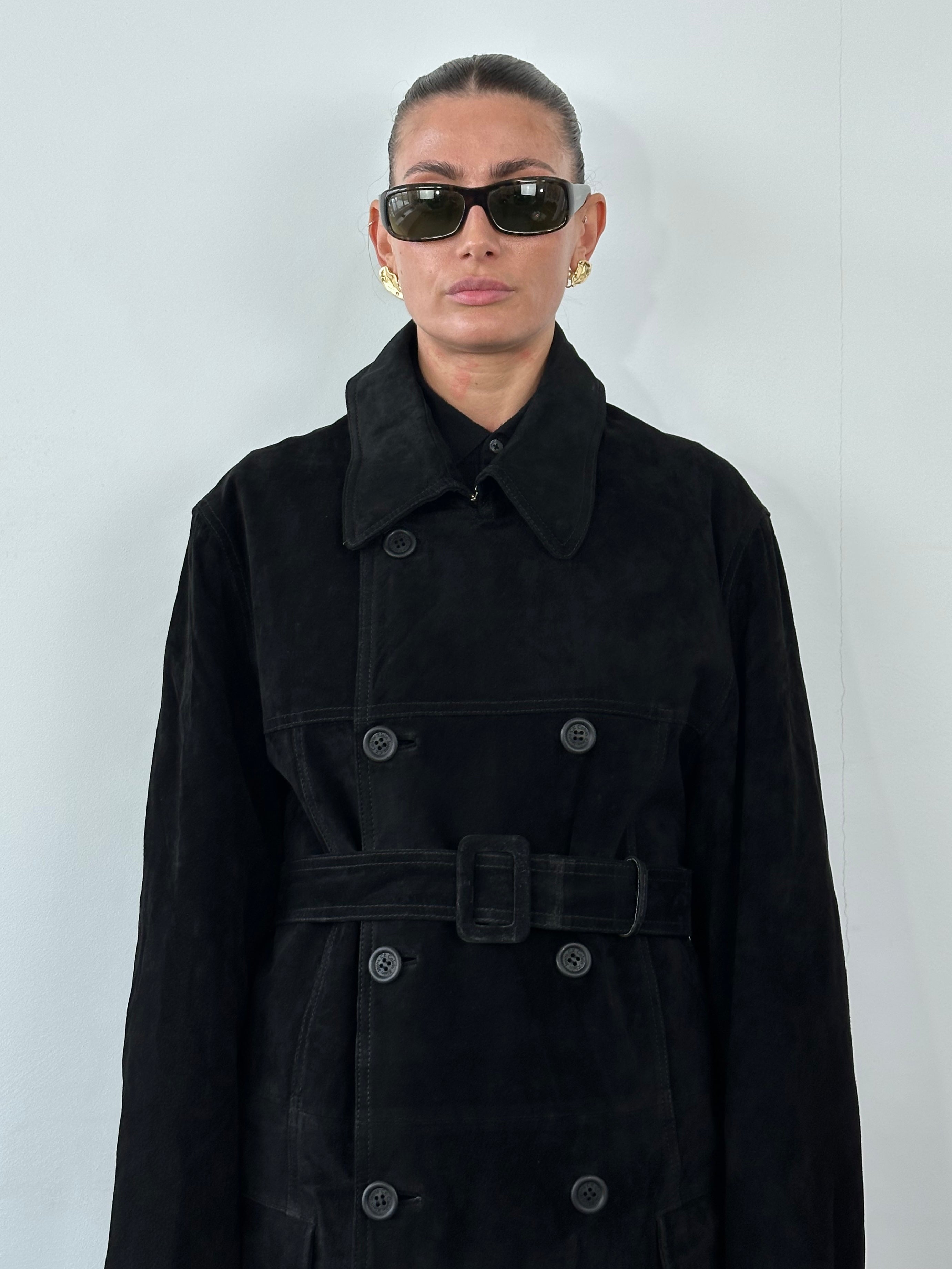 Calvin Klein CK 1990s suede belted trench coat in XXL, featuring a classic leather jacket style with a waist belt and vintage design.