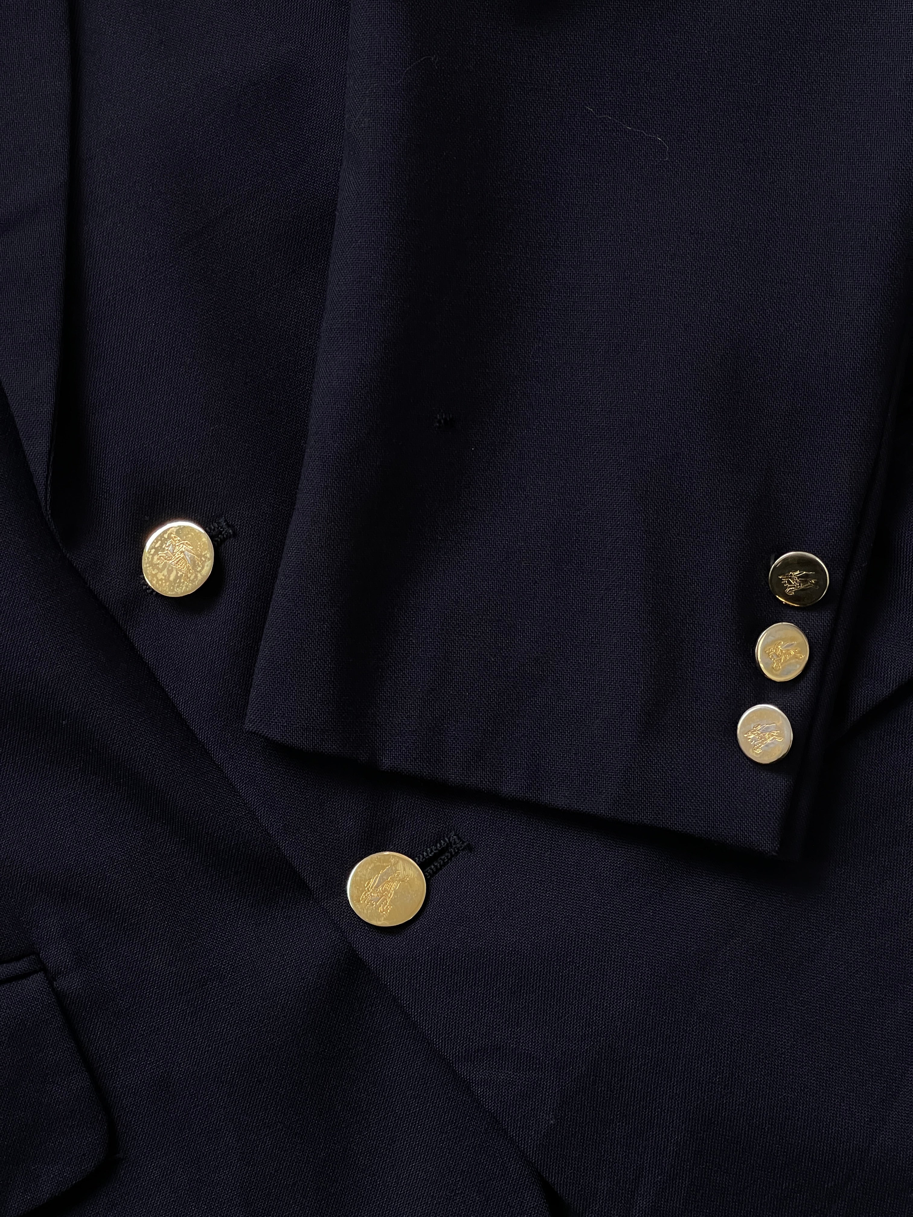 Burberry 1980s bespoke pure wool blazer, 38R/M, tailored fit with classic design and button details, navy blue color.