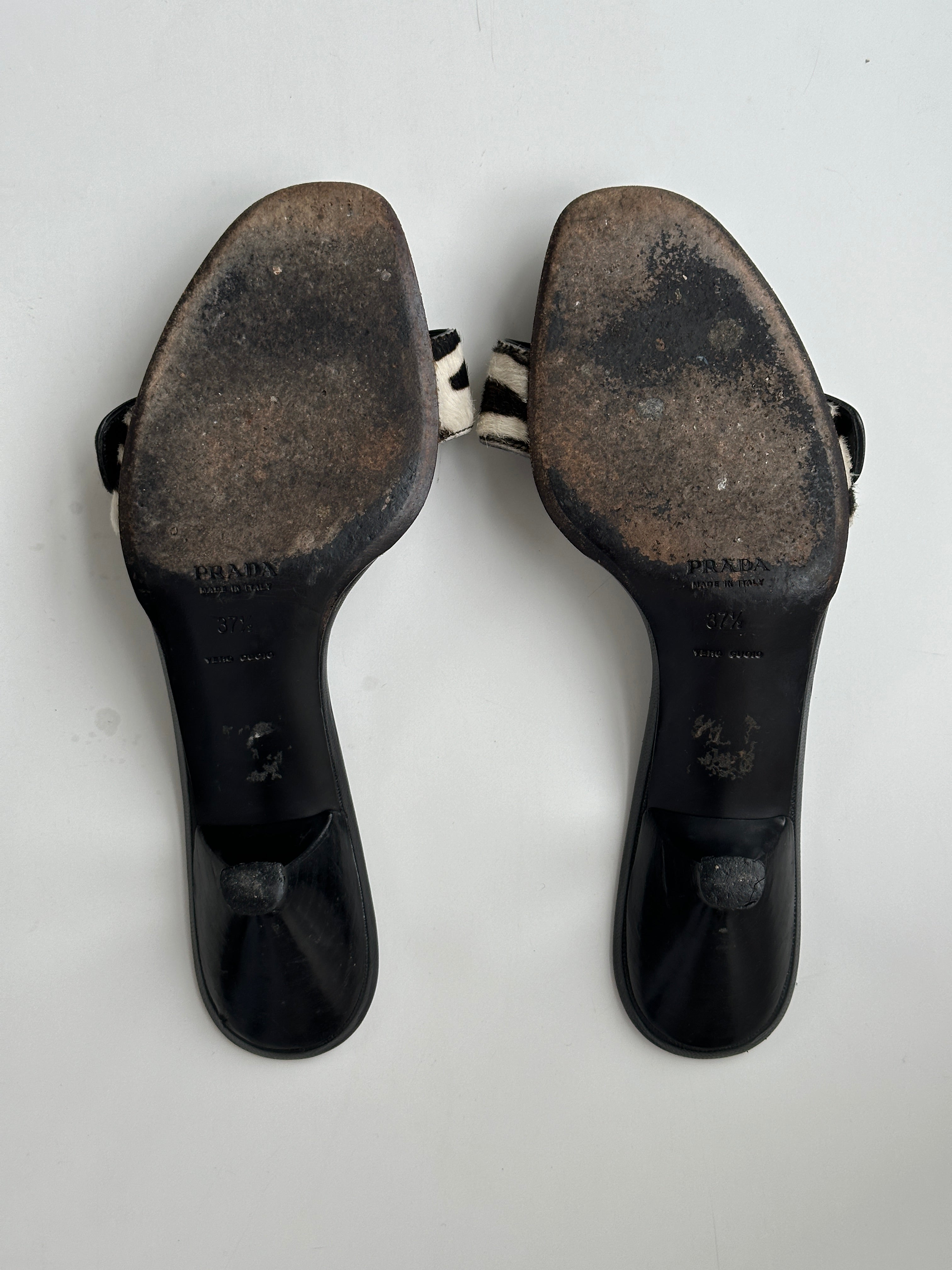 Prada zebra print pony hair kitten heels in UK size 4.5, featuring pointed toe and elegant design.