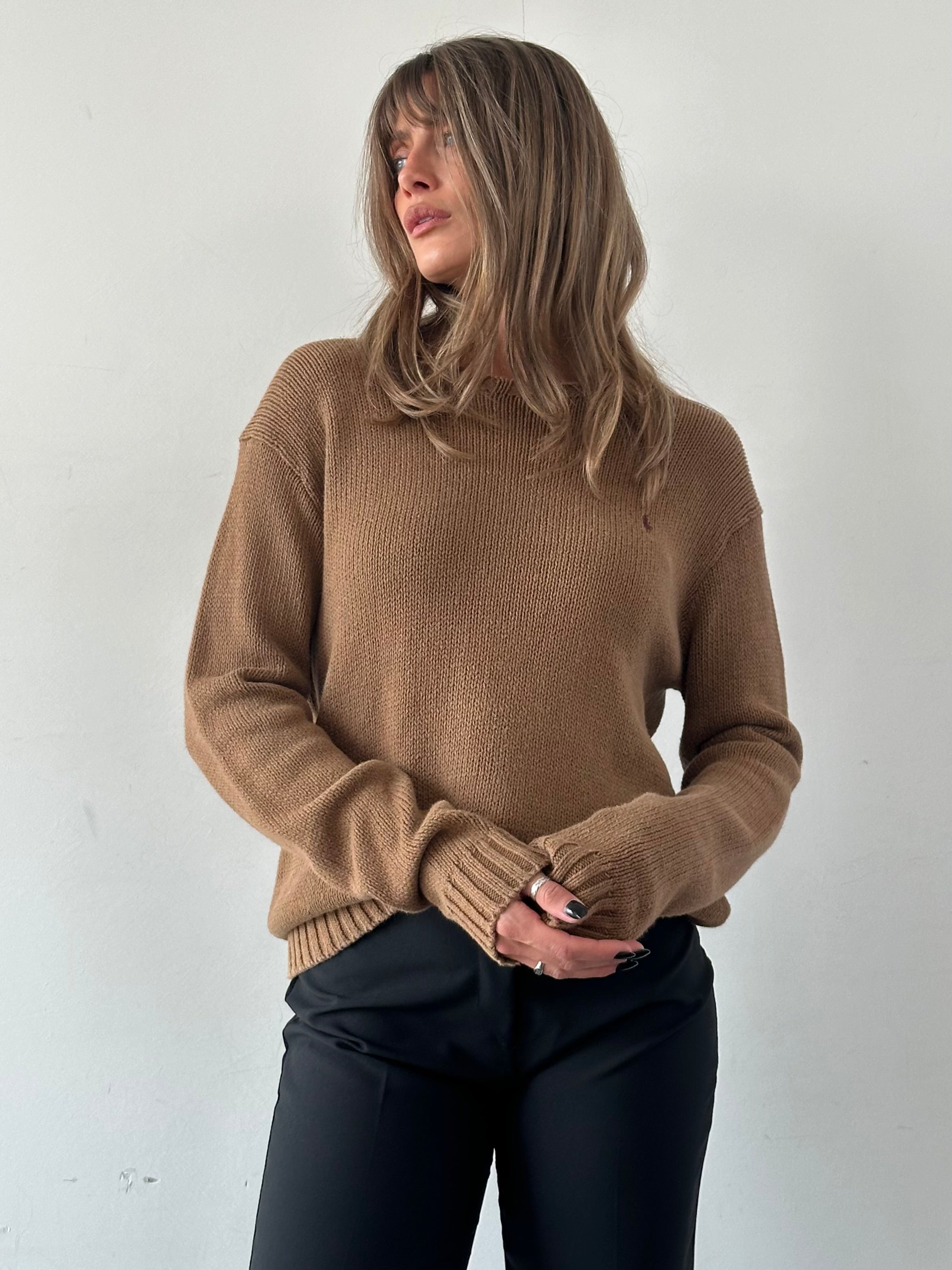 Ralph Lauren Polo cotton knitted jumper in size L, featuring the iconic embroidered logo on a classic crewneck sweater.