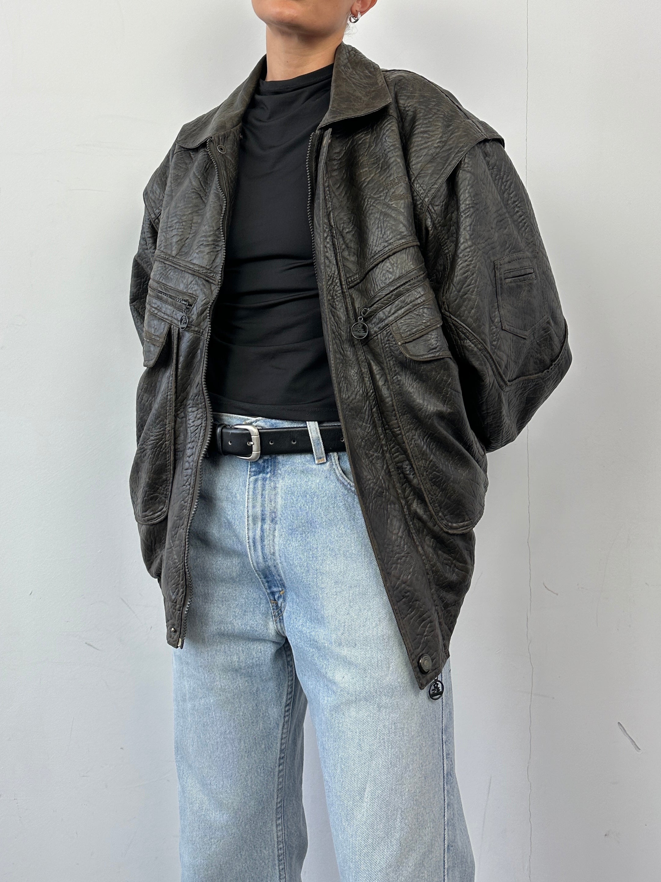 Vintage mid-length faux leather bomber gilet jacket in crocodile pattern, size XL, featuring a stylish, classic design.