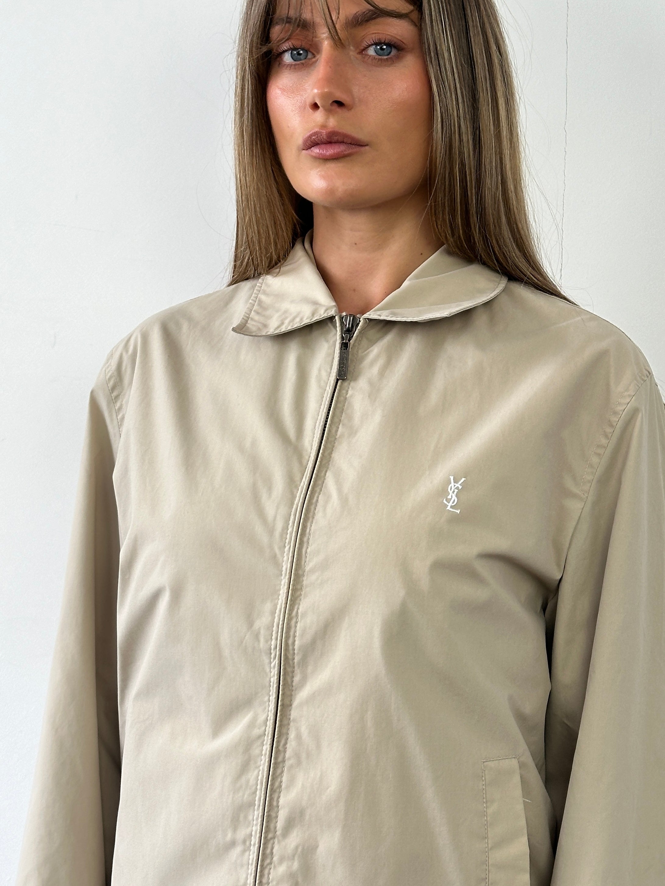 Yves Saint Laurent Pour Homme cotton logo bomber jacket in size M, featuring a sleek design and classic bomber style.