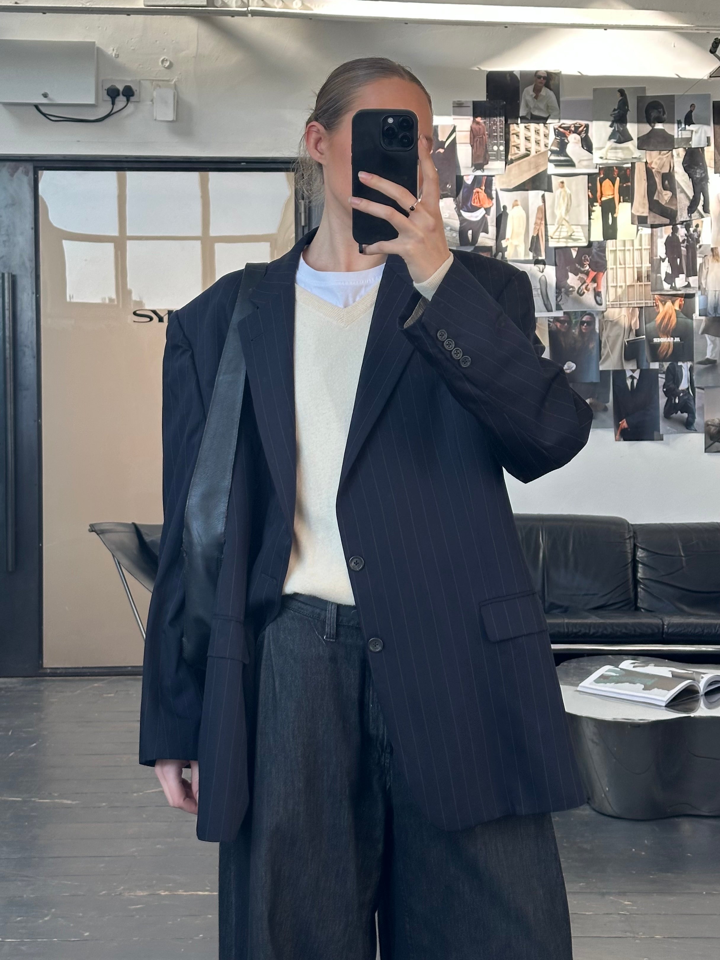 Burberry London 2000s wool stripe single-breasted blazer in size 48R/XXL, featuring classic striped pattern and tailored fit.