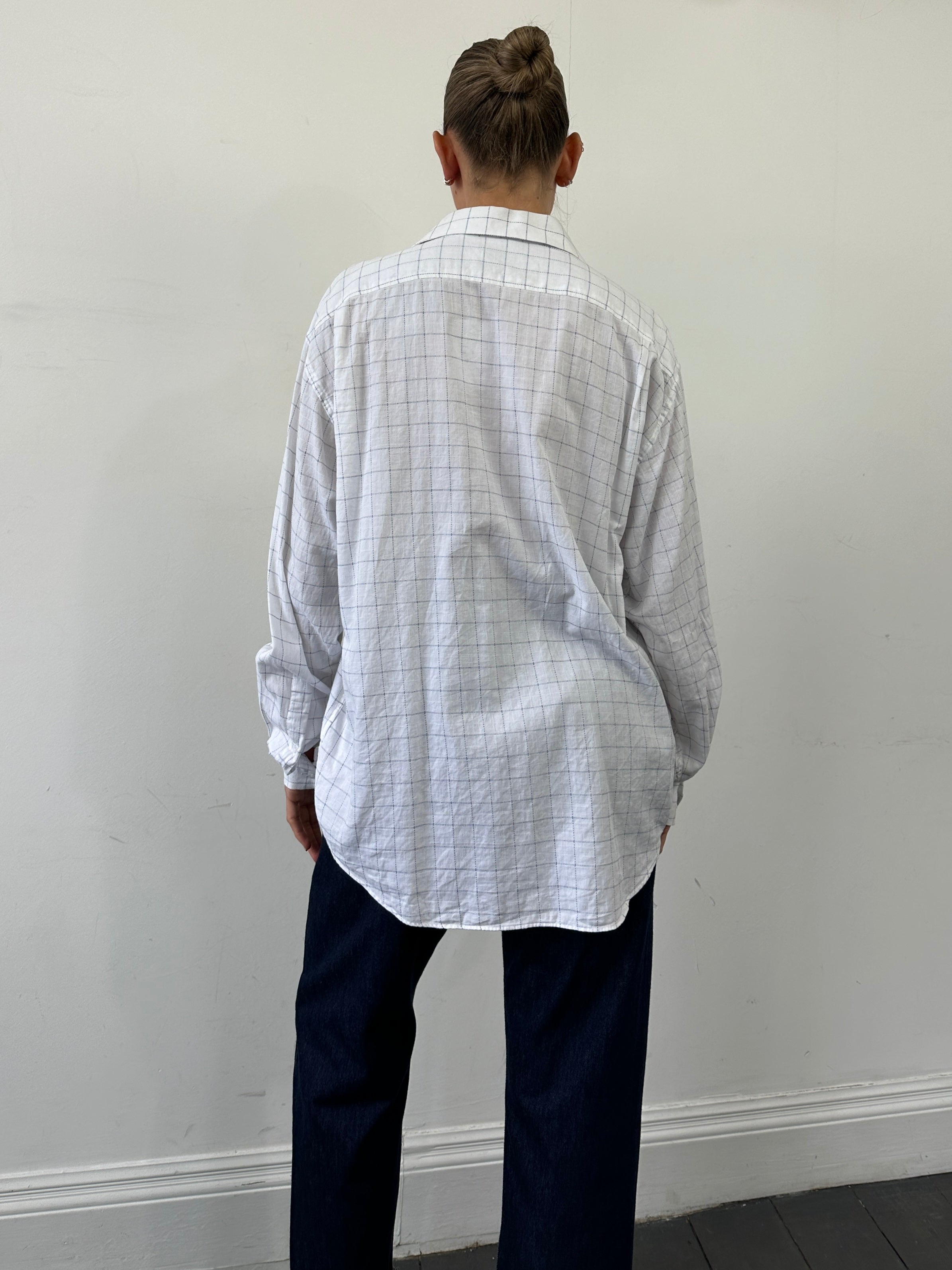 Yves Saint Laurent Pour Homme check pure cotton logo shirt in size L, featuring a classic design and button-down collar.