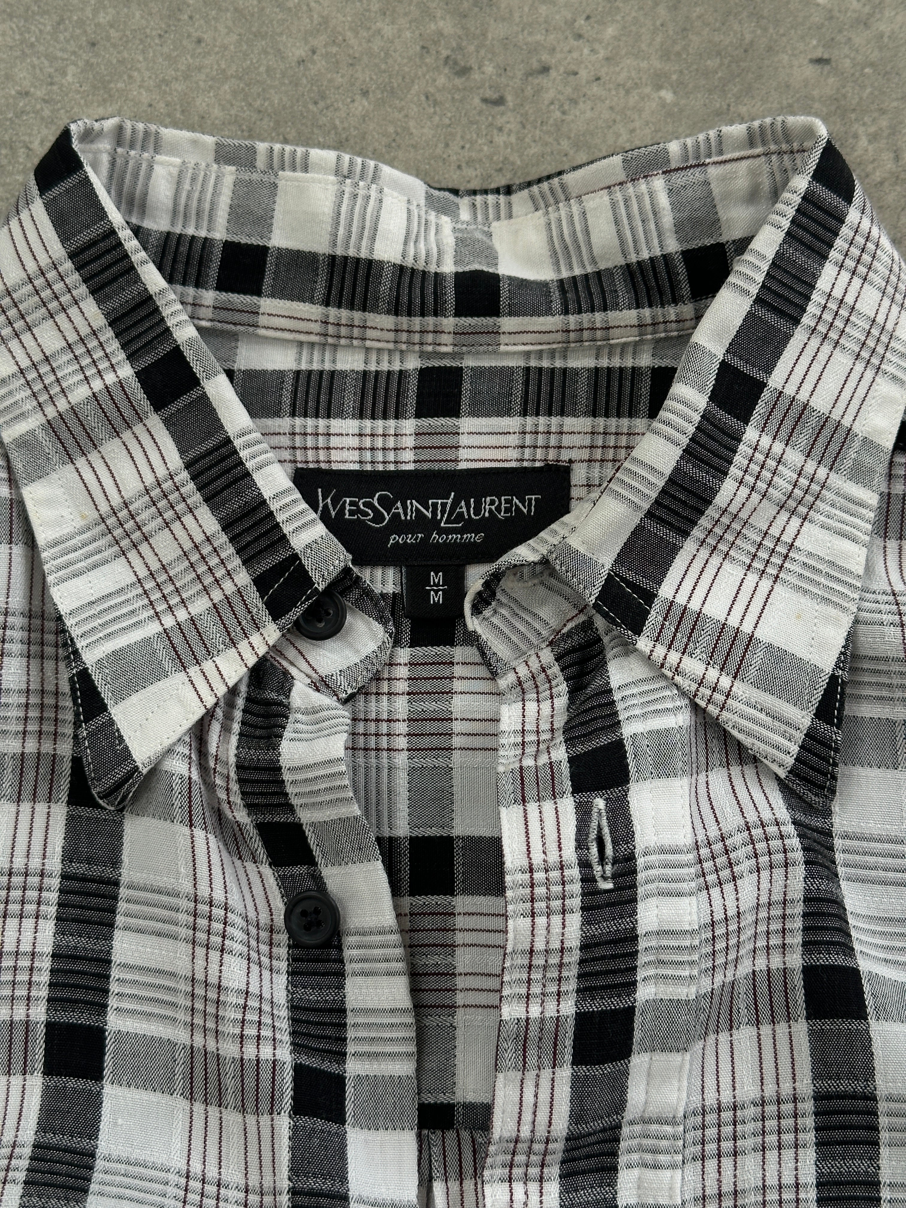 Yves Saint Laurent Pour Homme 1990s check shirt in size L, featuring a classic plaid pattern and button-down collar.