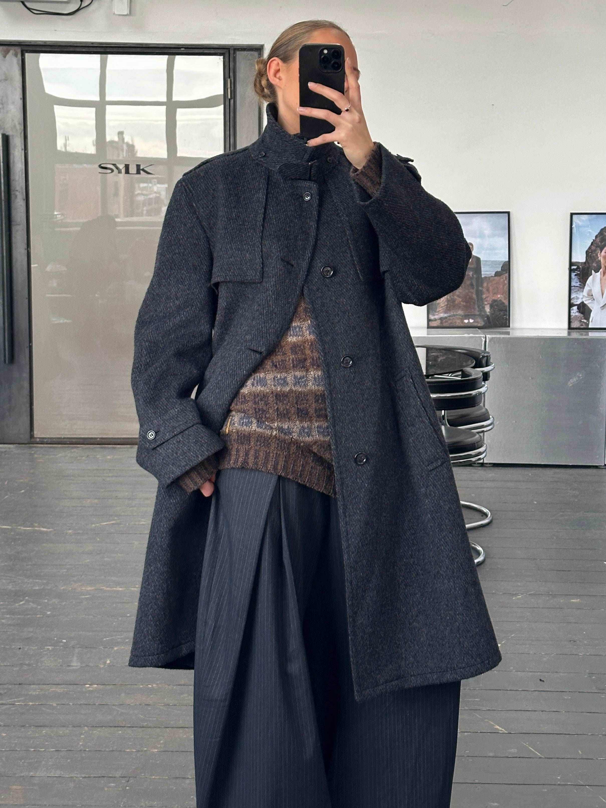 Vintage 1990s pure brushed wool high neck belted coat in XL, showcasing a classic vintage coat style with a high collar and belt.