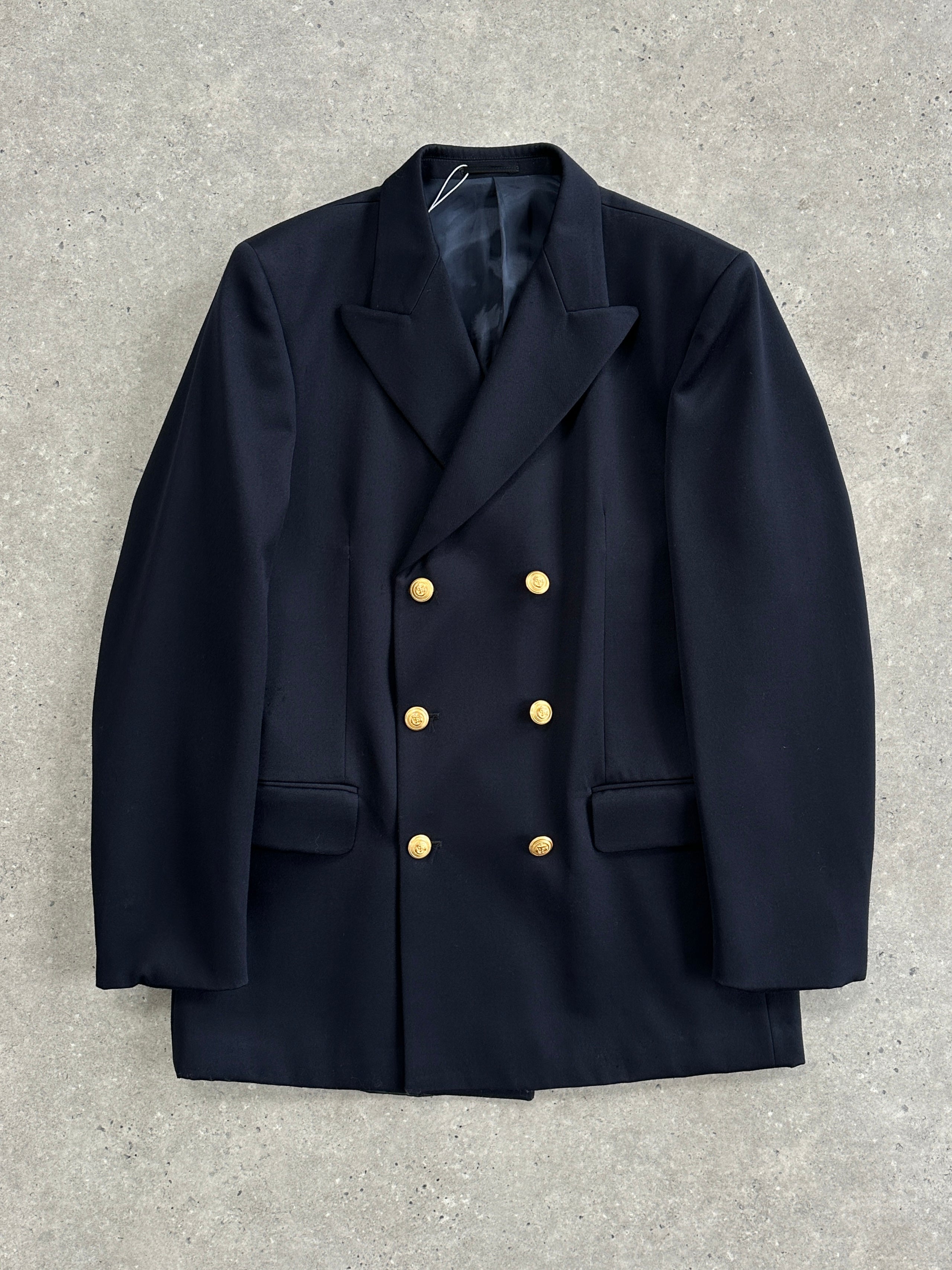 Vintage bespoke button wool double-breasted blazer in size 42L, shown with classic lapels and tailored fit.