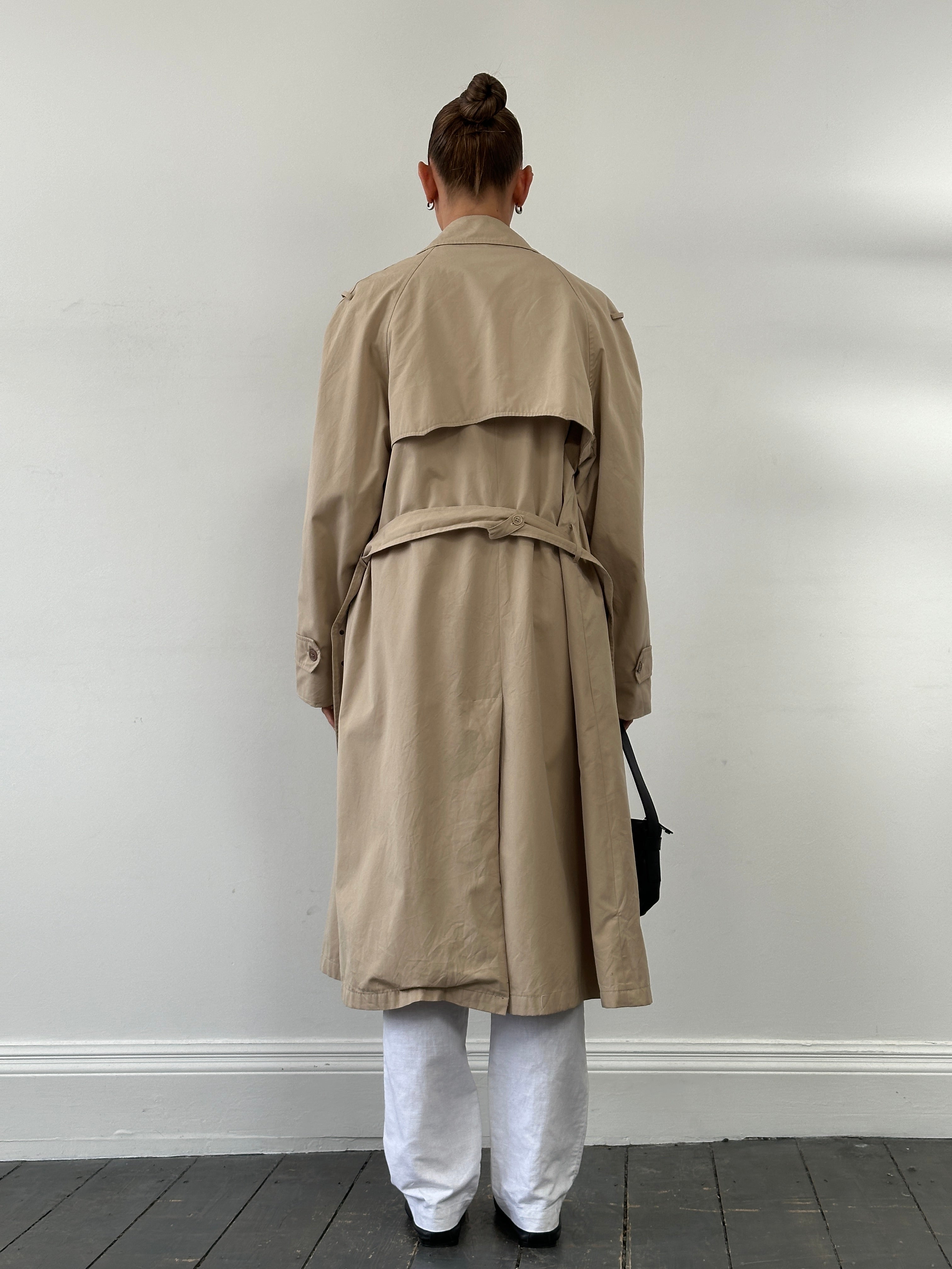 Yves Saint Laurent 70’s cotton double-breasted belted trench coat in XL, featuring classic design and timeless style.