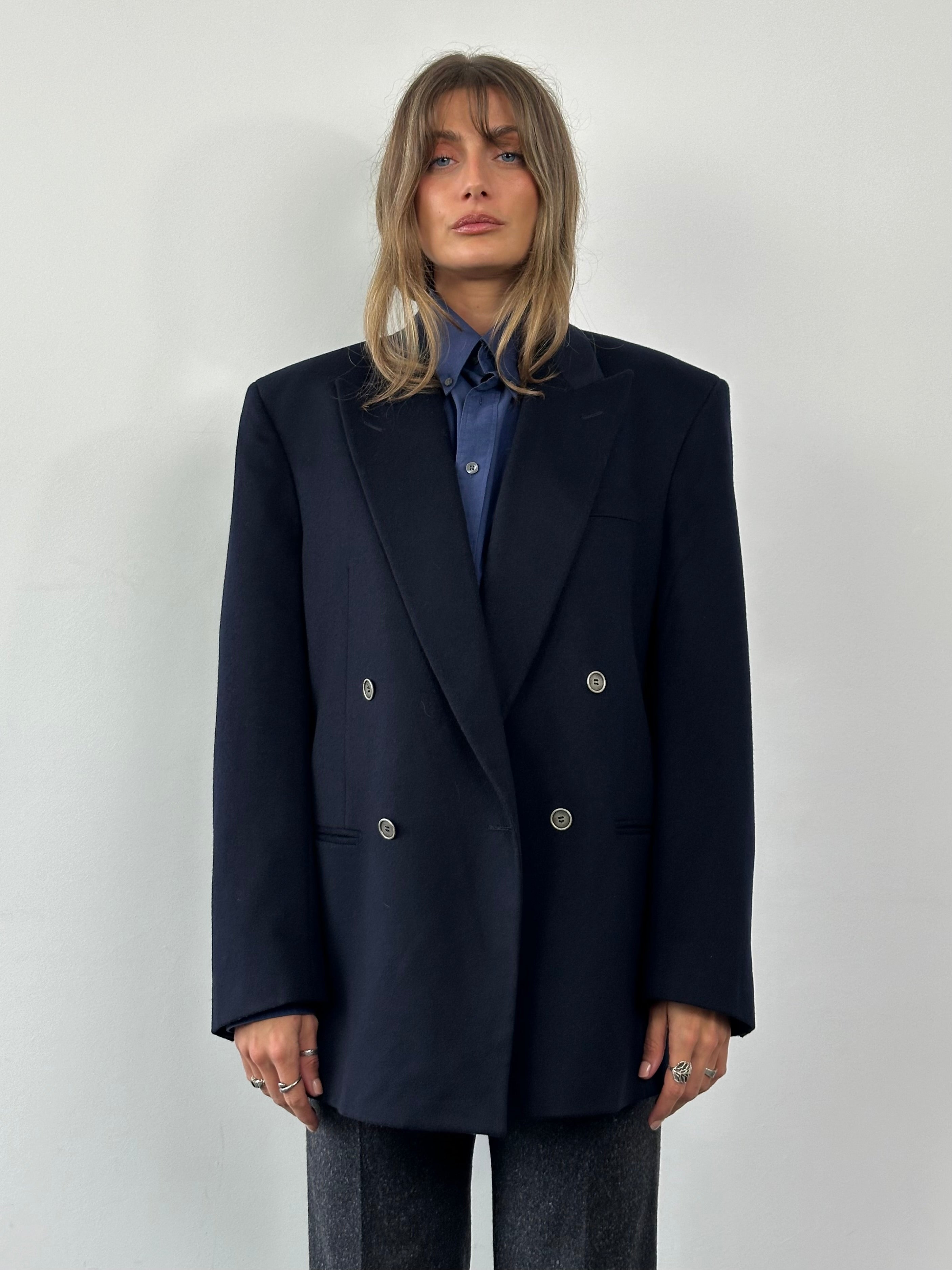 Yves Saint Laurent 80s brushed wool cashmere blazer in size 40R/L, tailored with a classic fit and logo detailing.
