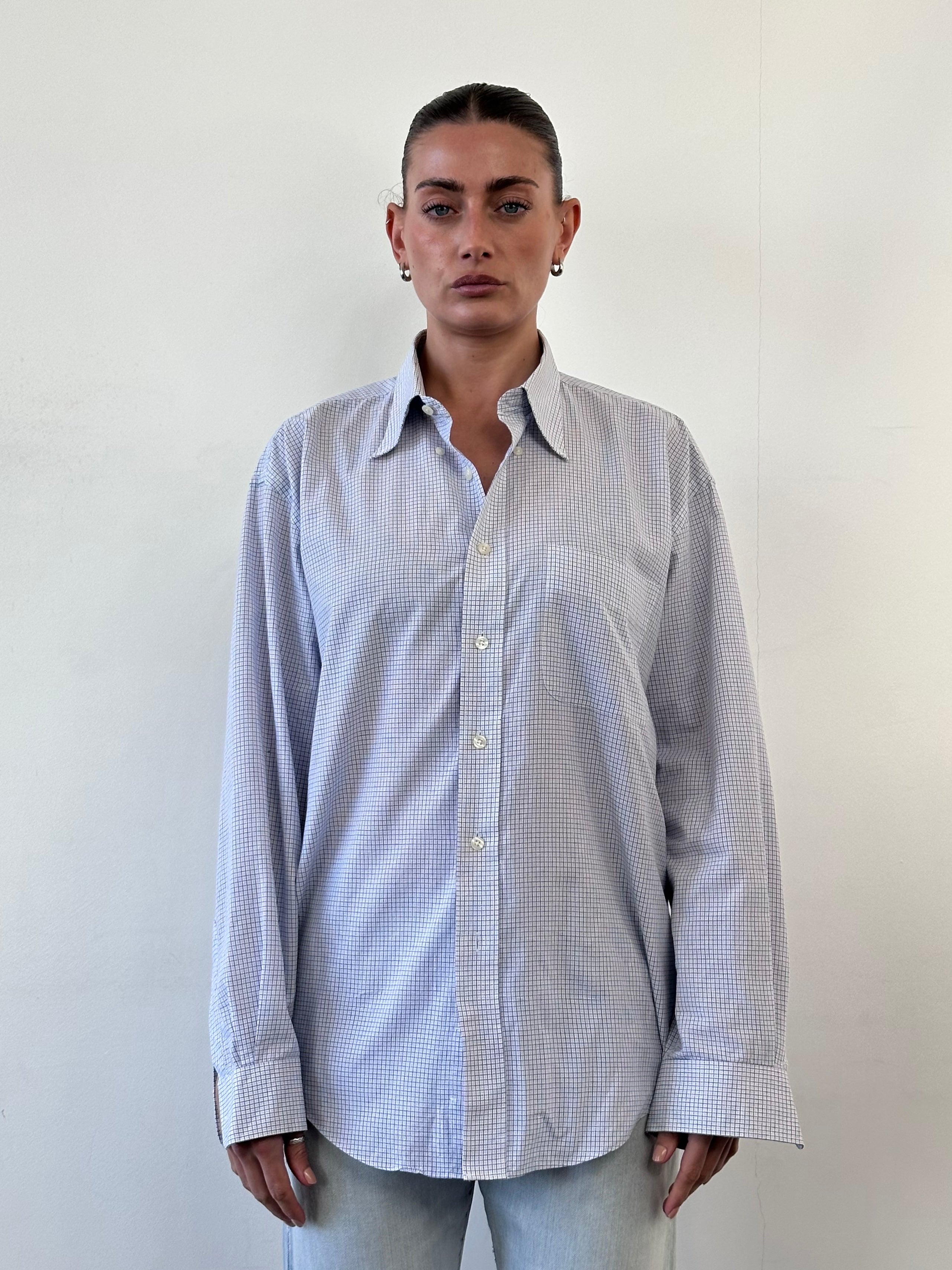 Yves Saint Laurent 90s check cotton shirt in size L/XL, featuring a classic plaid design and button-up front.