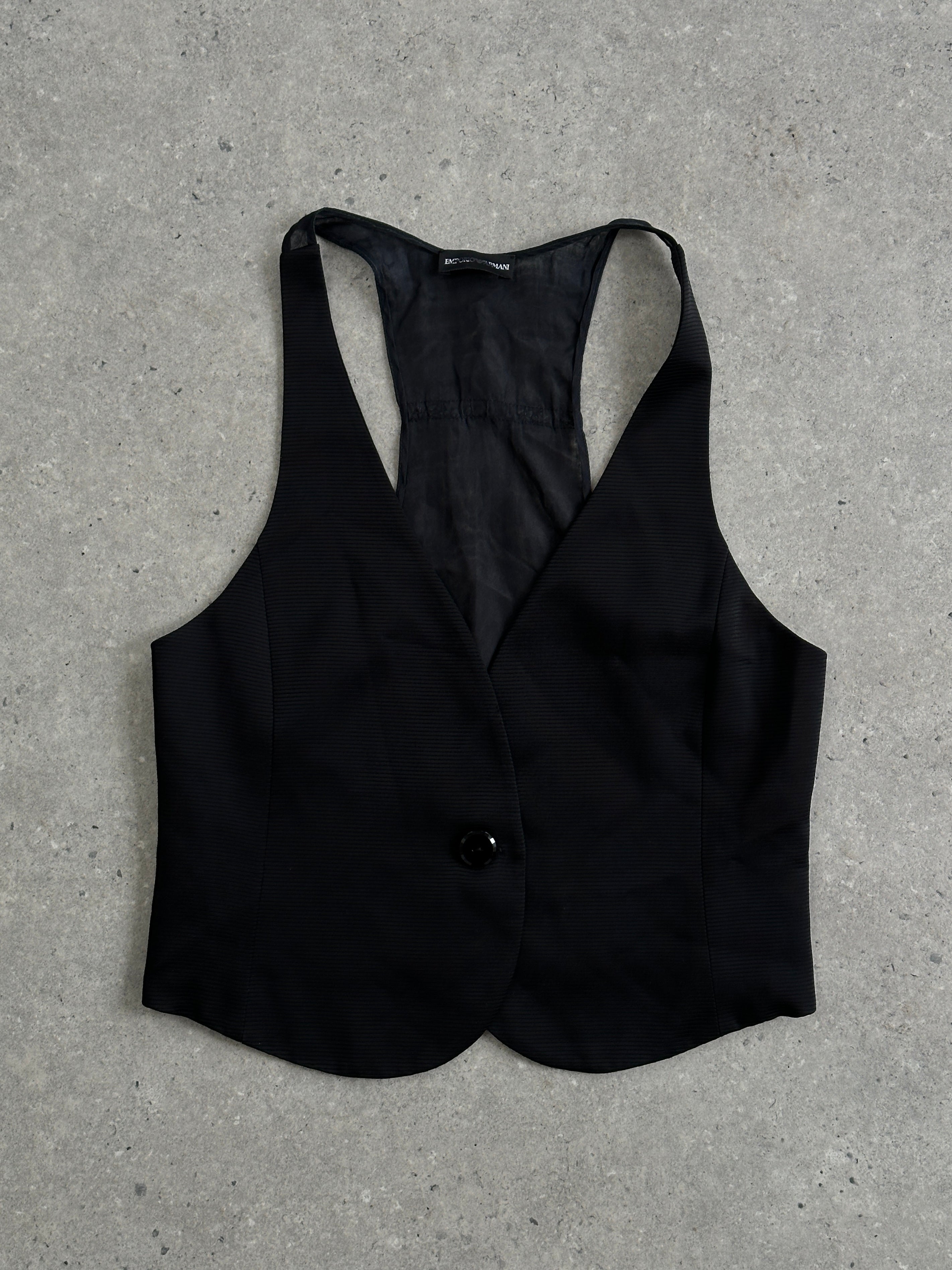 Emporio Armani tailored silk mesh back waistcoat in size S, stylish men's formal vest with sleek design and refined fabric.