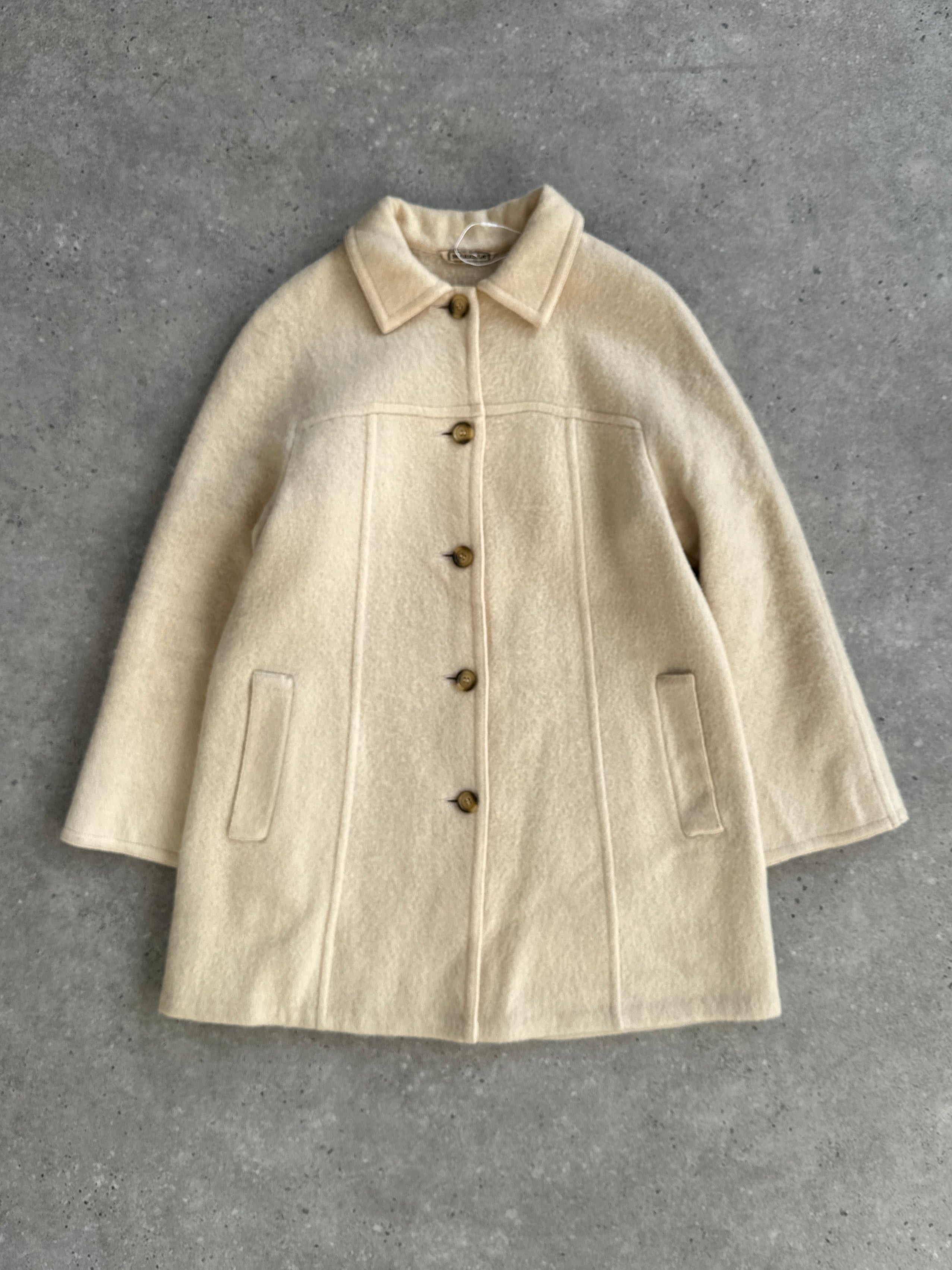 Marella 80s wool double-faced single-breasted coat in neutral tones, shown on a hanger with front view.