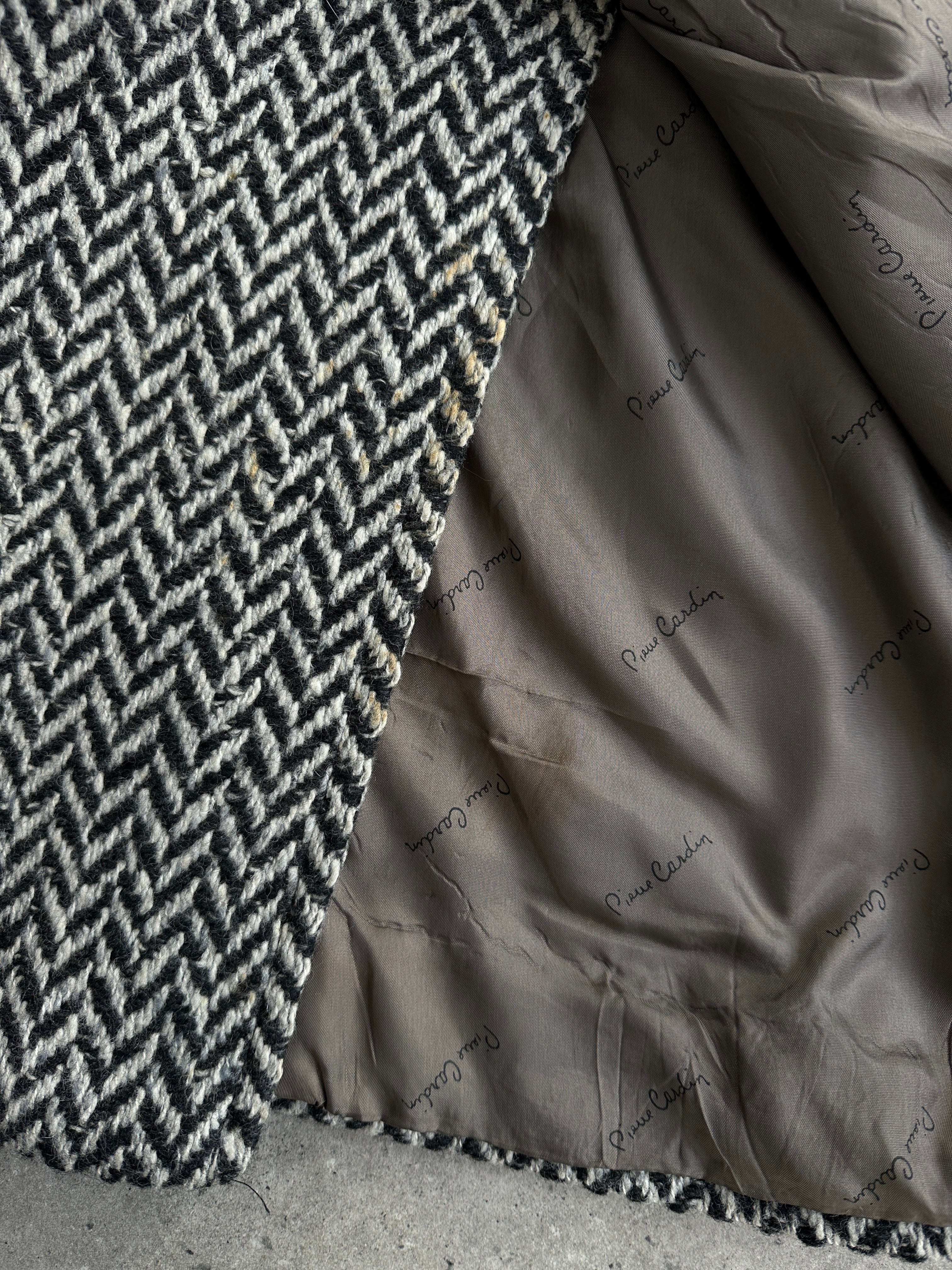 Pierre Cardin pure wool herringbone belted coat in XL, shown on a hanger with classic collar and button details.