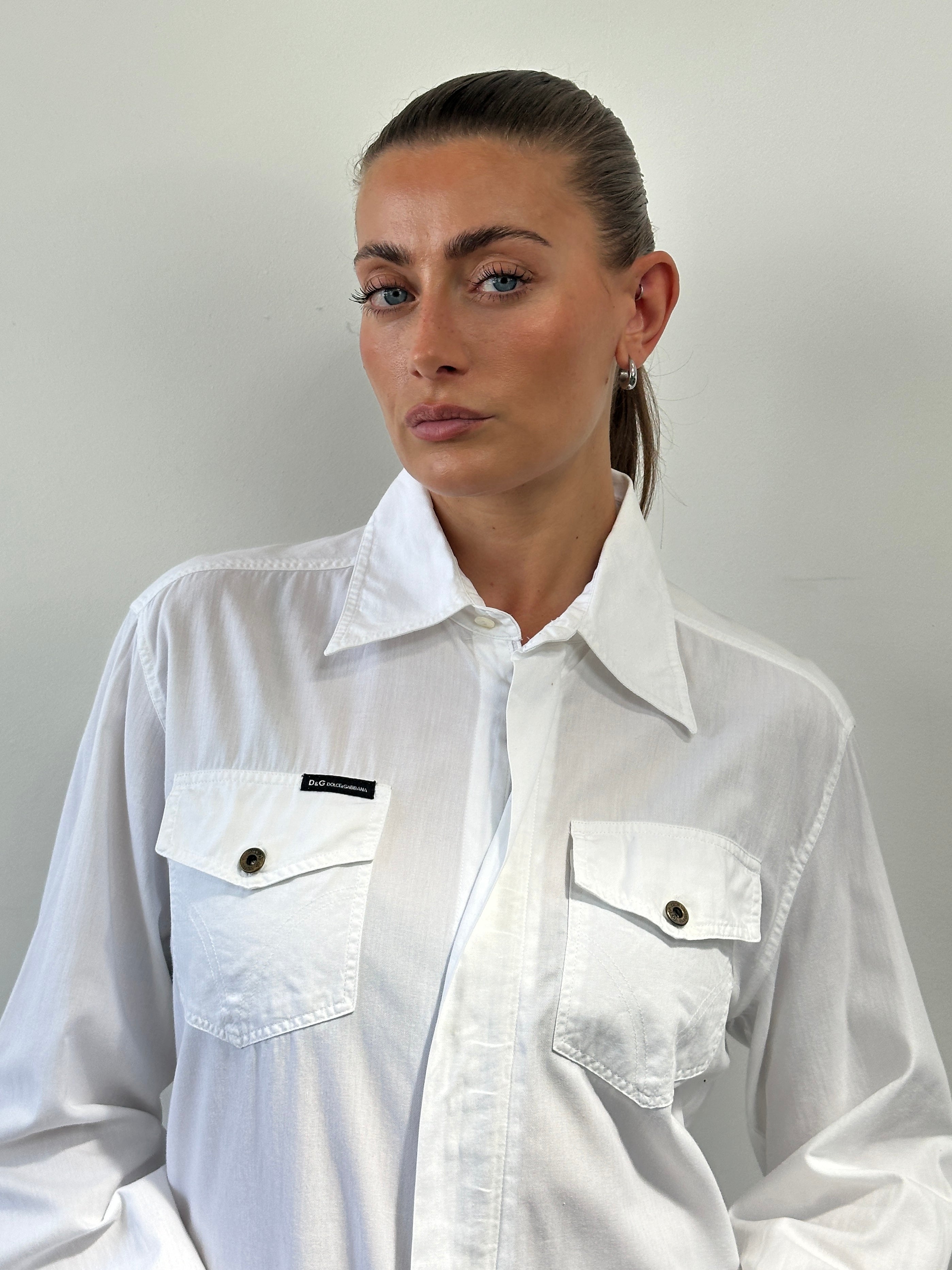 Dolce & Gabbana cotton shirt in size M/L, white with subtle branding details, short-sleeve men's fashion shirt.