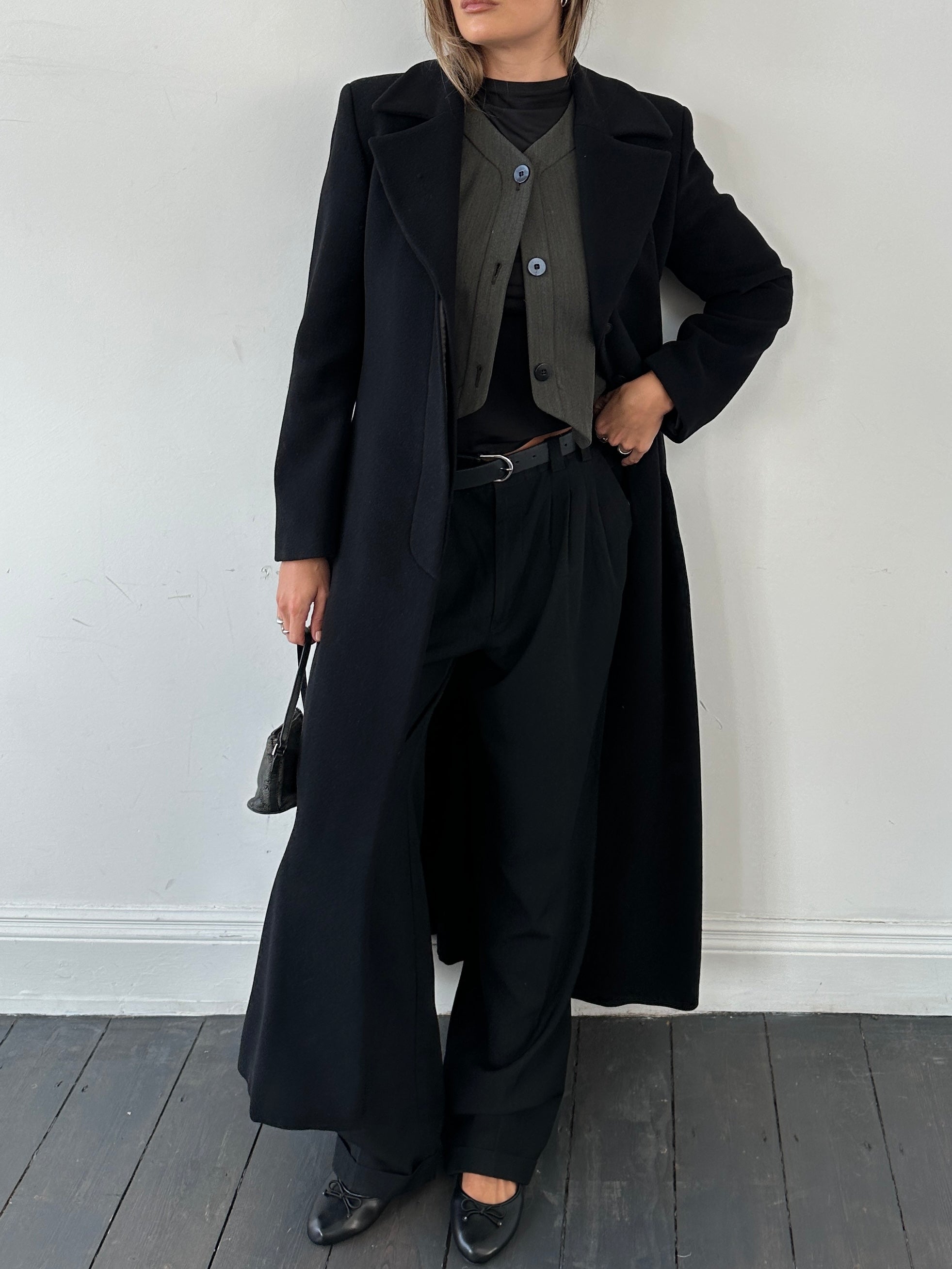 Emporio Armani A-line floor-length cashmere coat in black, featuring a classic collar and long sleeves, stylish and warm.