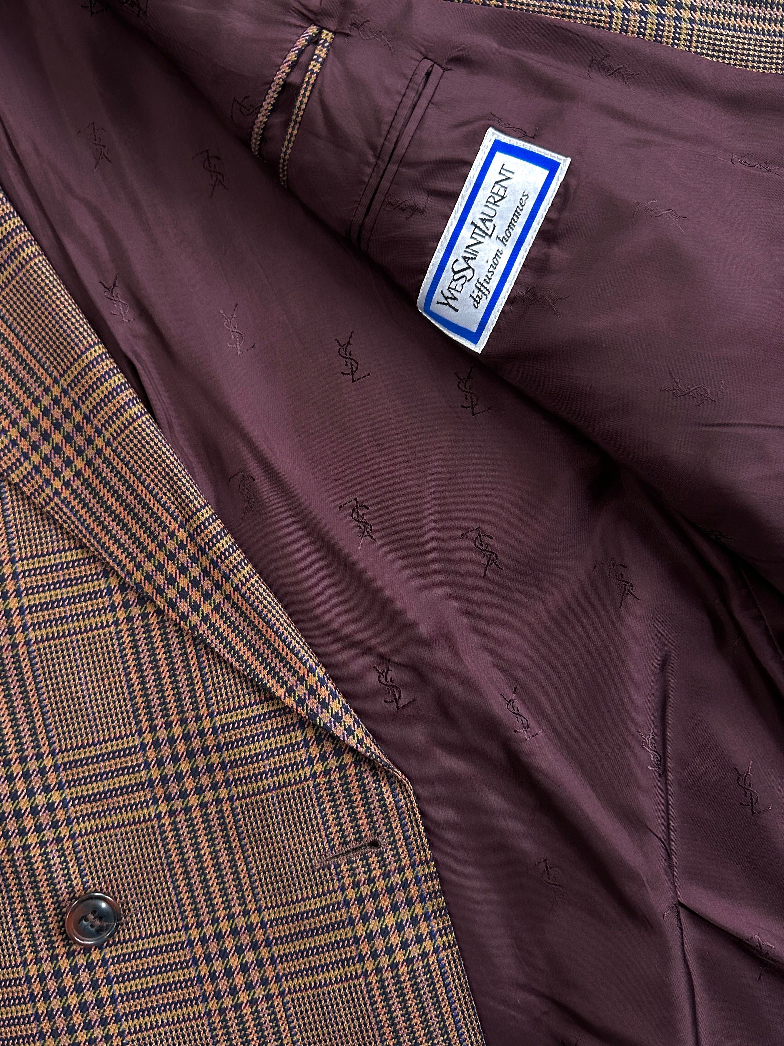 Yves Saint Laurent Diffusion Hommes 1980s check wool blazer, size 42R/XL, tailored fit with classic vintage style.
