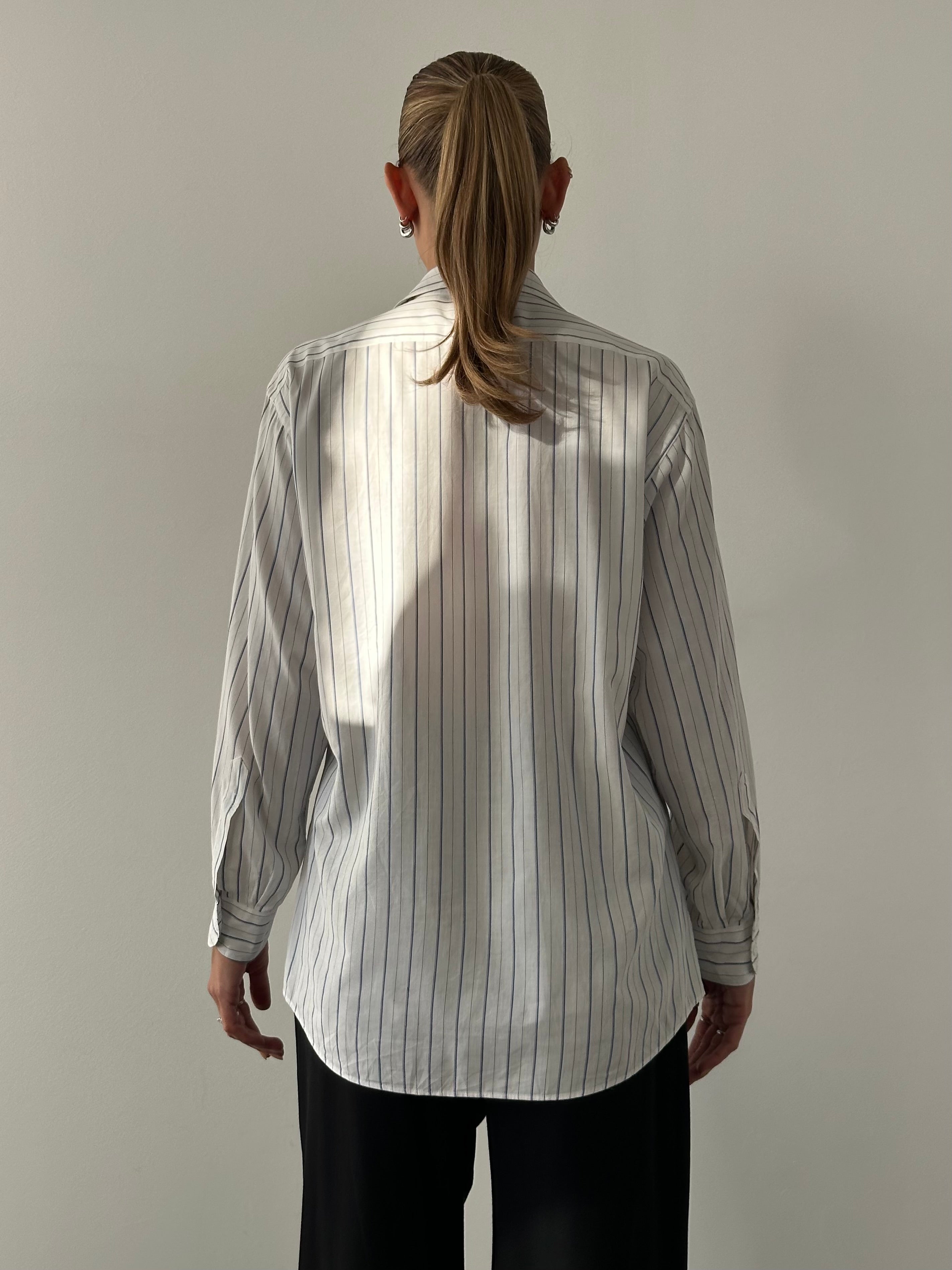 Yves Saint Laurent 80s stripe cotton shirt in black, white, and red with long sleeves and classic collar, size M/L.