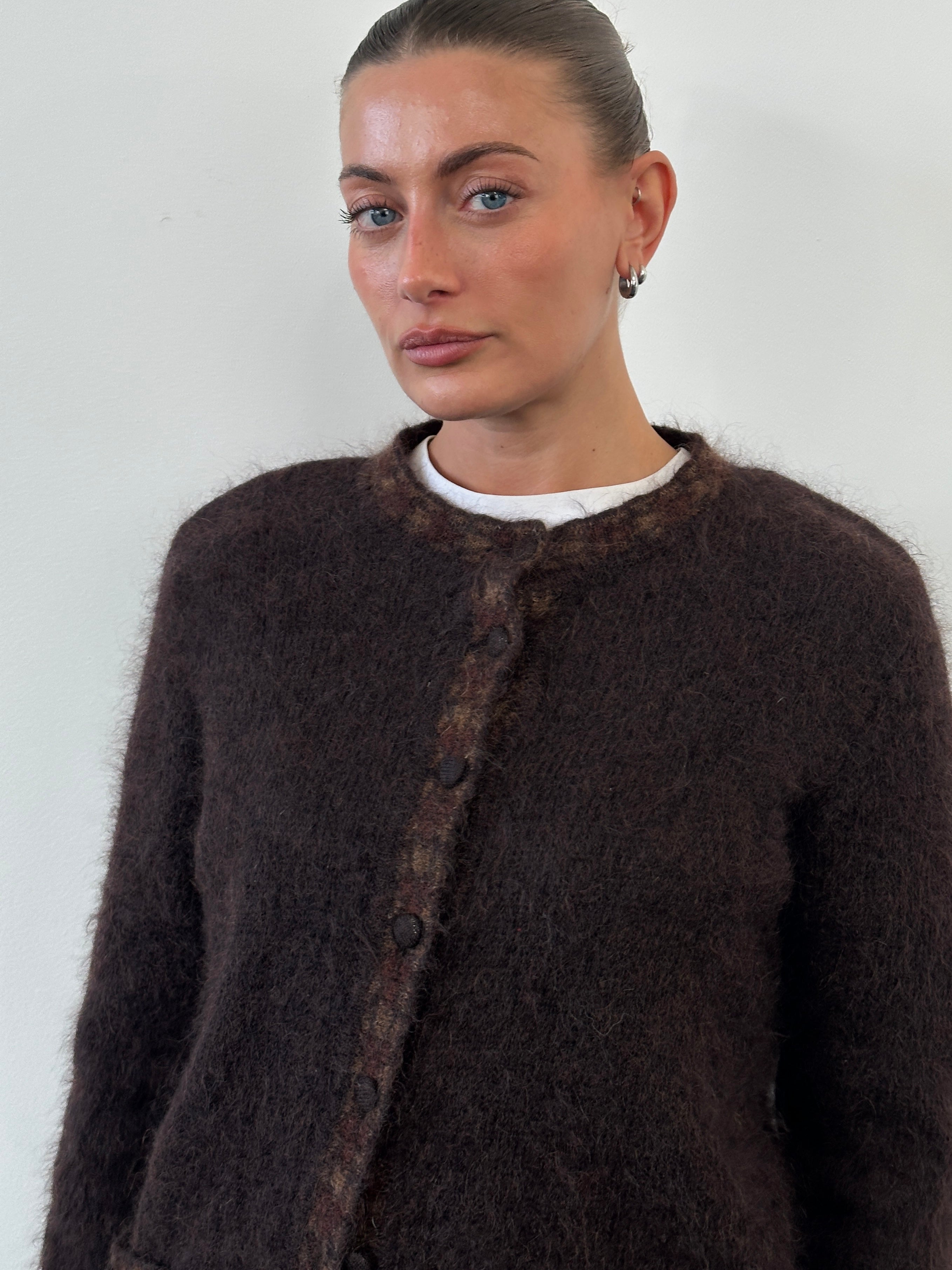 Vintage Italian 1990s mohair cardigan in S/M, featuring a textured knit and classic design in muted tones.