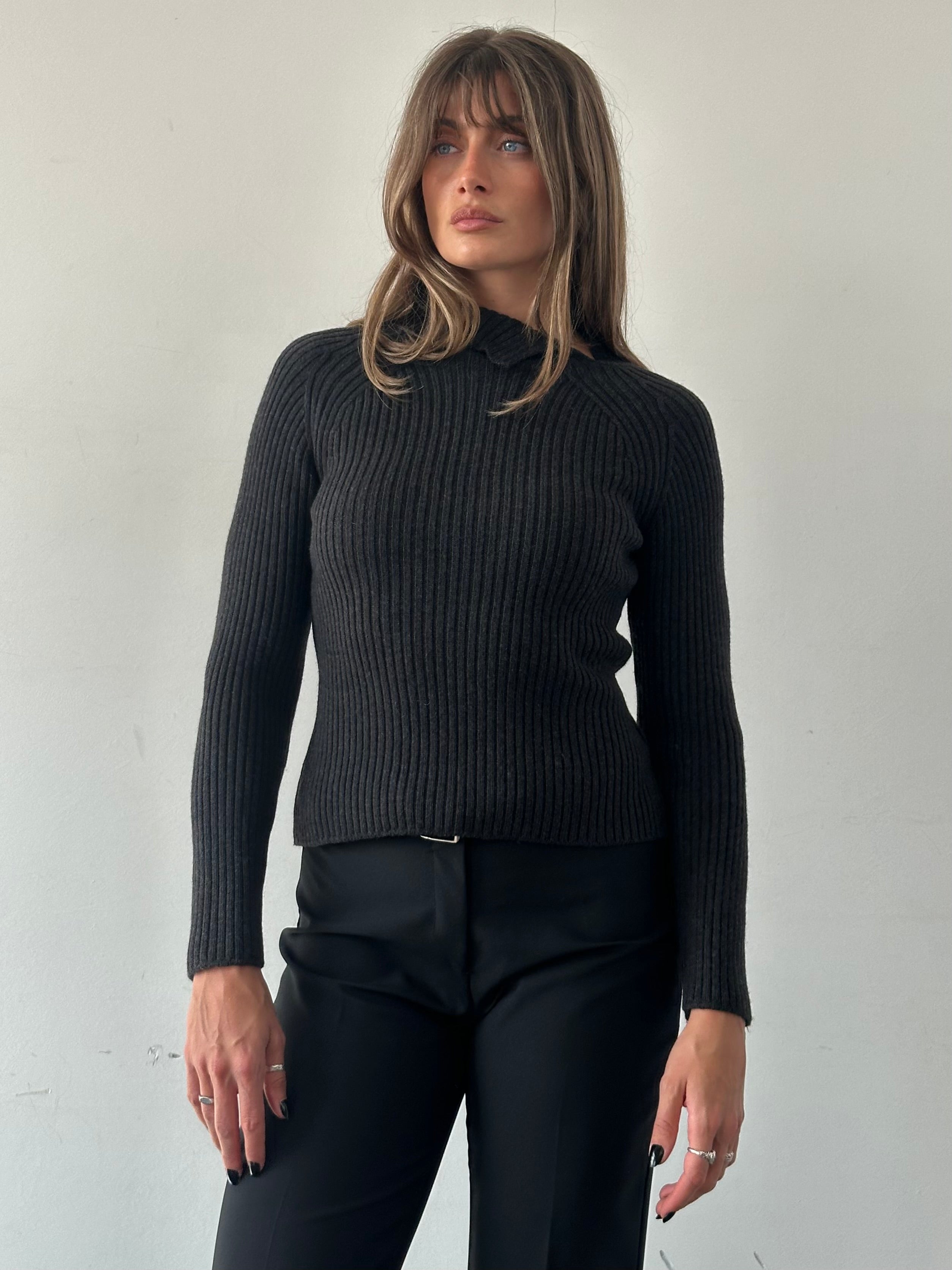 Max Mara pure wool asymmetric high neck knit jumper in soft fabric, featuring a stylish high neckline and cozy fit.