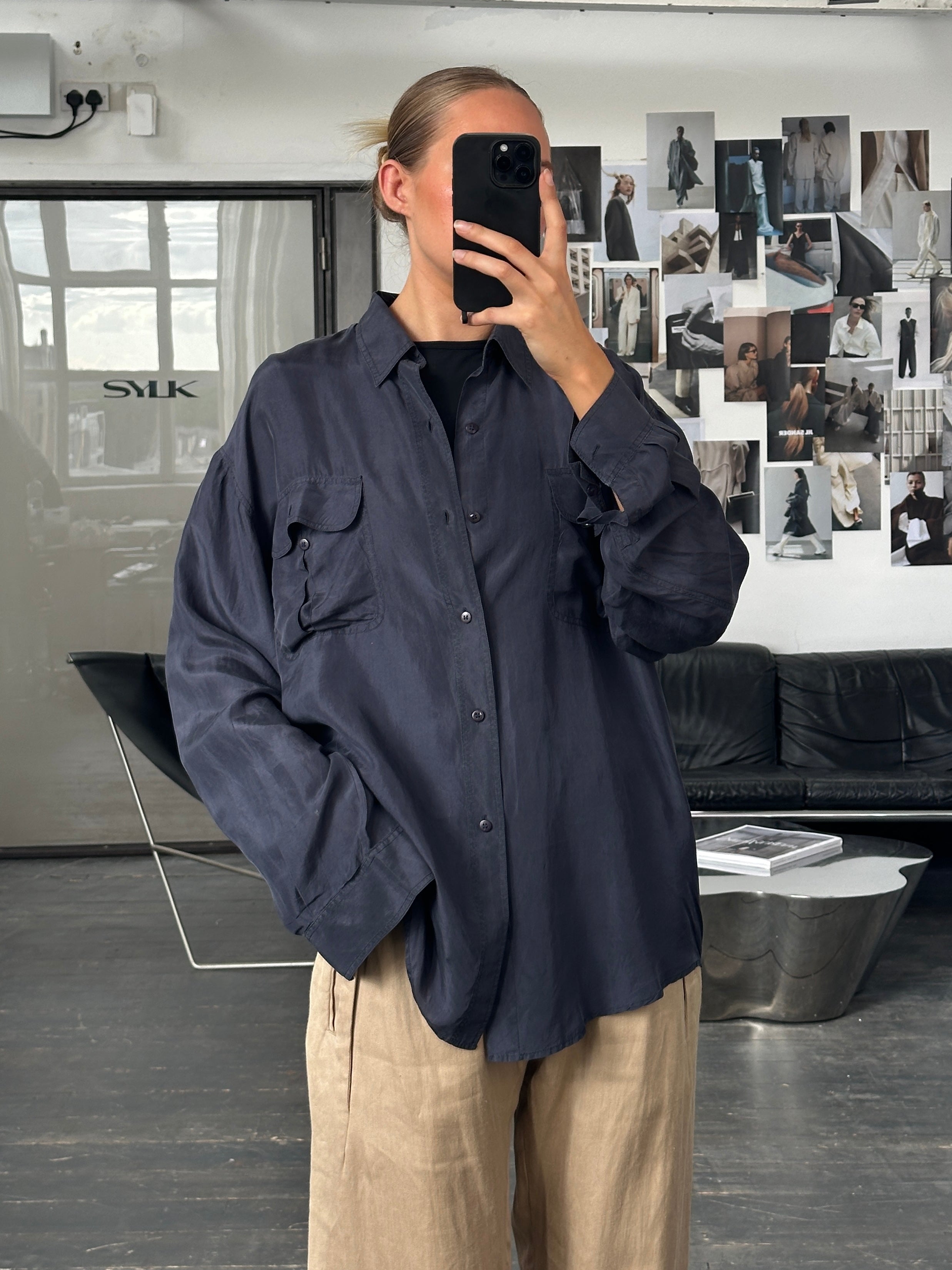 Vintage 1990s relaxed pure silk shirt in XL, showing soft fabric and classic collar style.