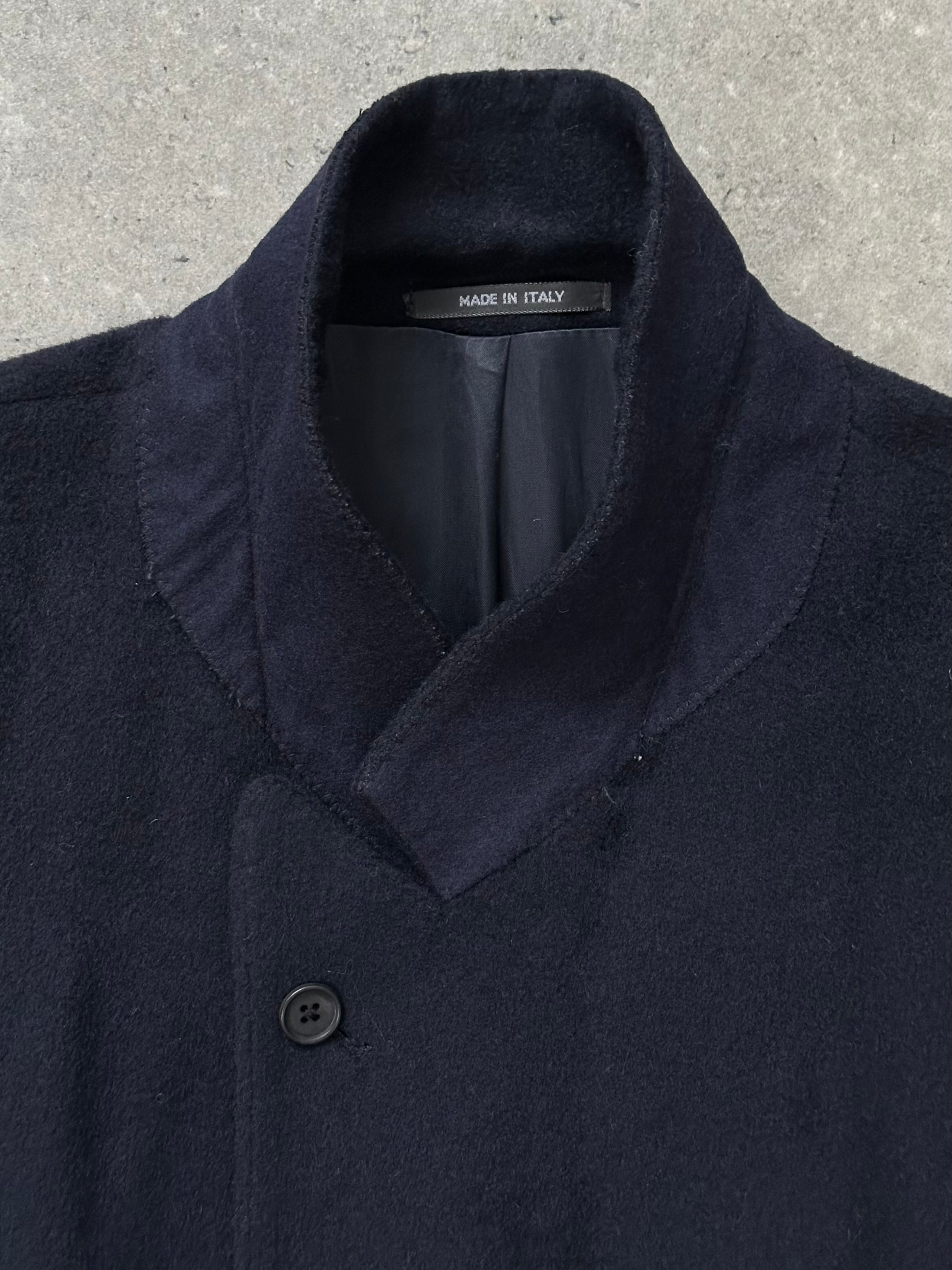 Vintage Italian 1990s wool double-breasted high-neck coat in XL/XXL size, classic style with a timeless high collar and warm fabric.