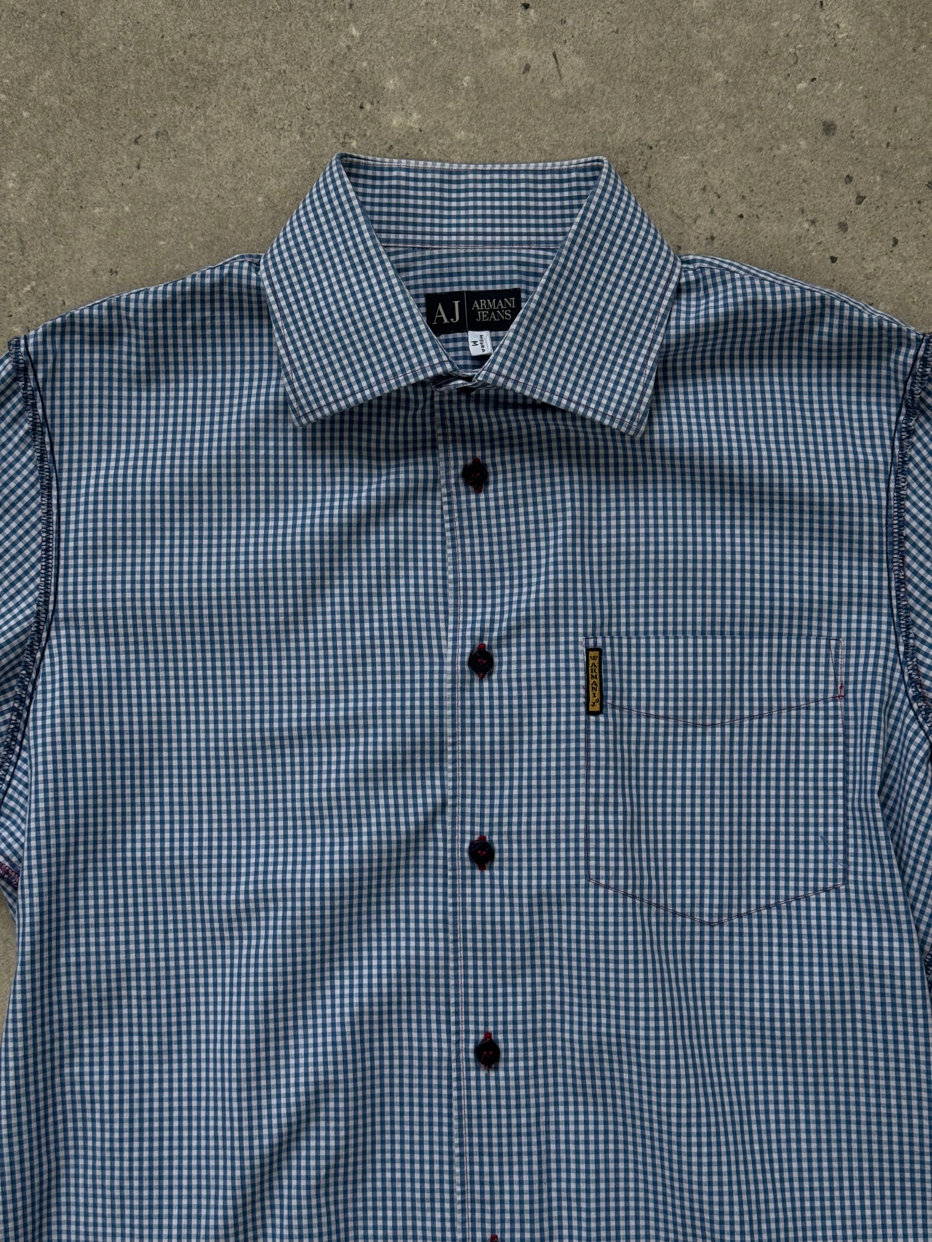 Armani Jeans men's 2000s pure cotton gingham reverse stitch shirt in size M, featuring classic pattern and button-down collar.