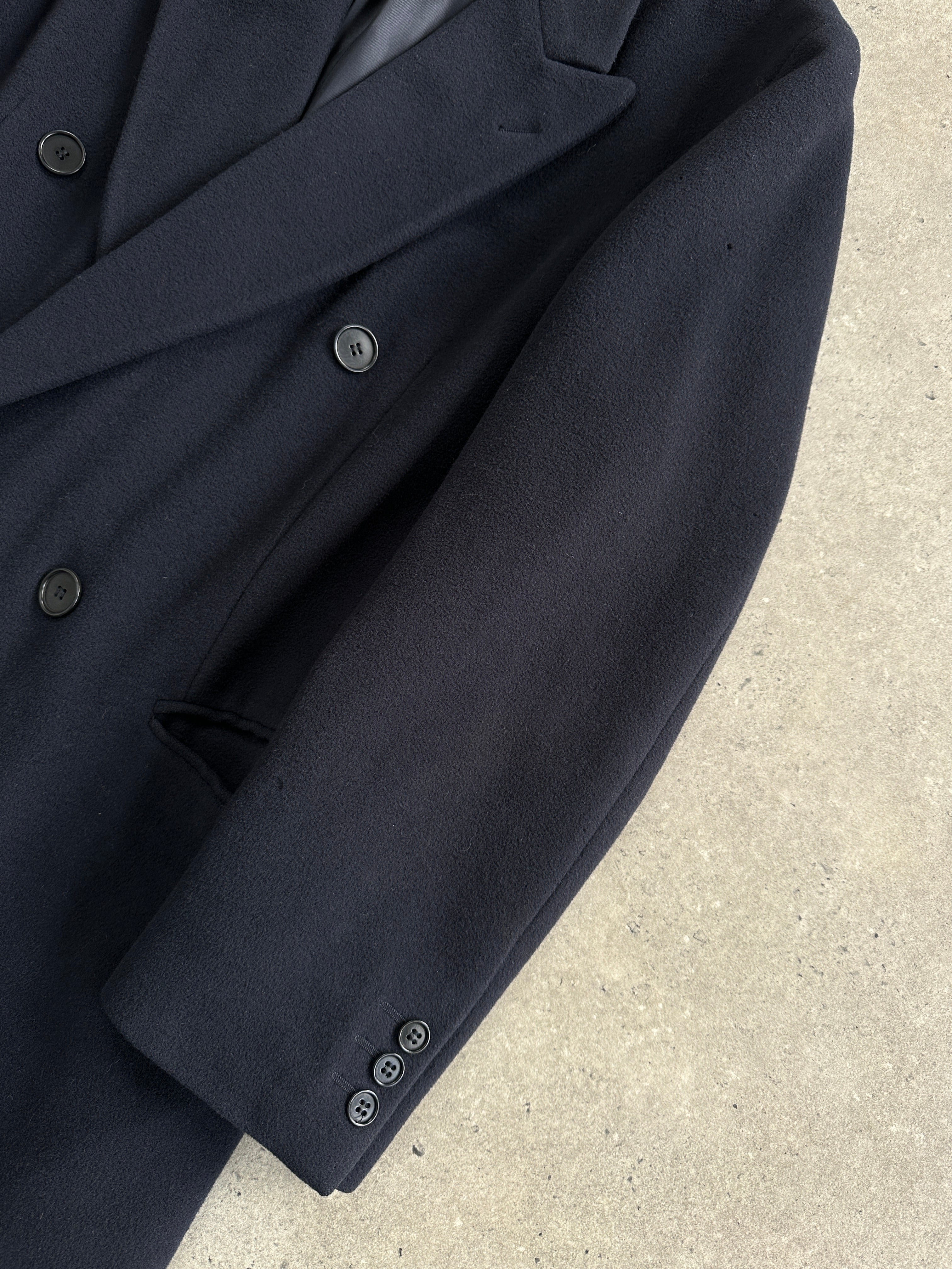 Emporio Armani 1990s wool and cashmere double-breasted coat in size L/XL, featuring a classic tailored design and front buttons.