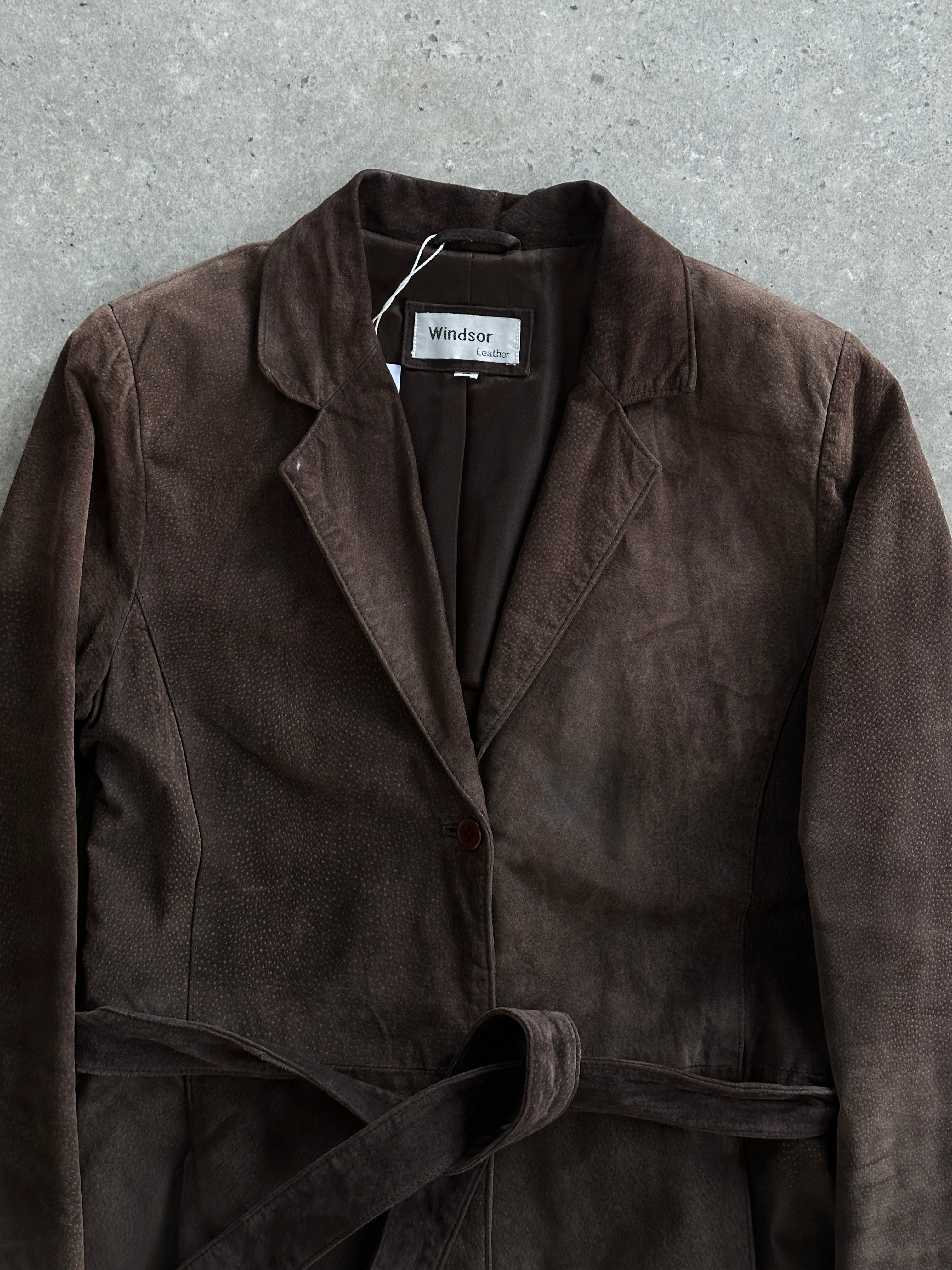 Vintage leather suede belted jacket in S/M size, featuring classic design and stylish details, perfect for a timeless look.