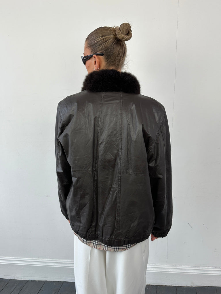 Vintage Faux Fur Lined Minimal Leather Bomber Jacket - S - SYLK